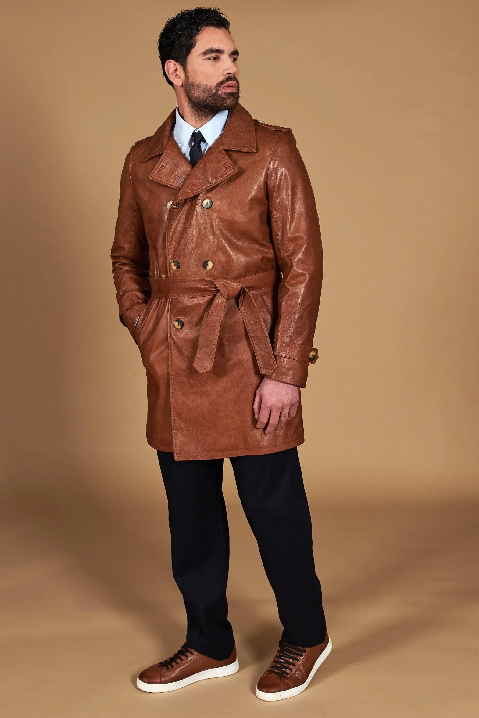 Men's Vintage Leather Coat Double-Breasted with Belt