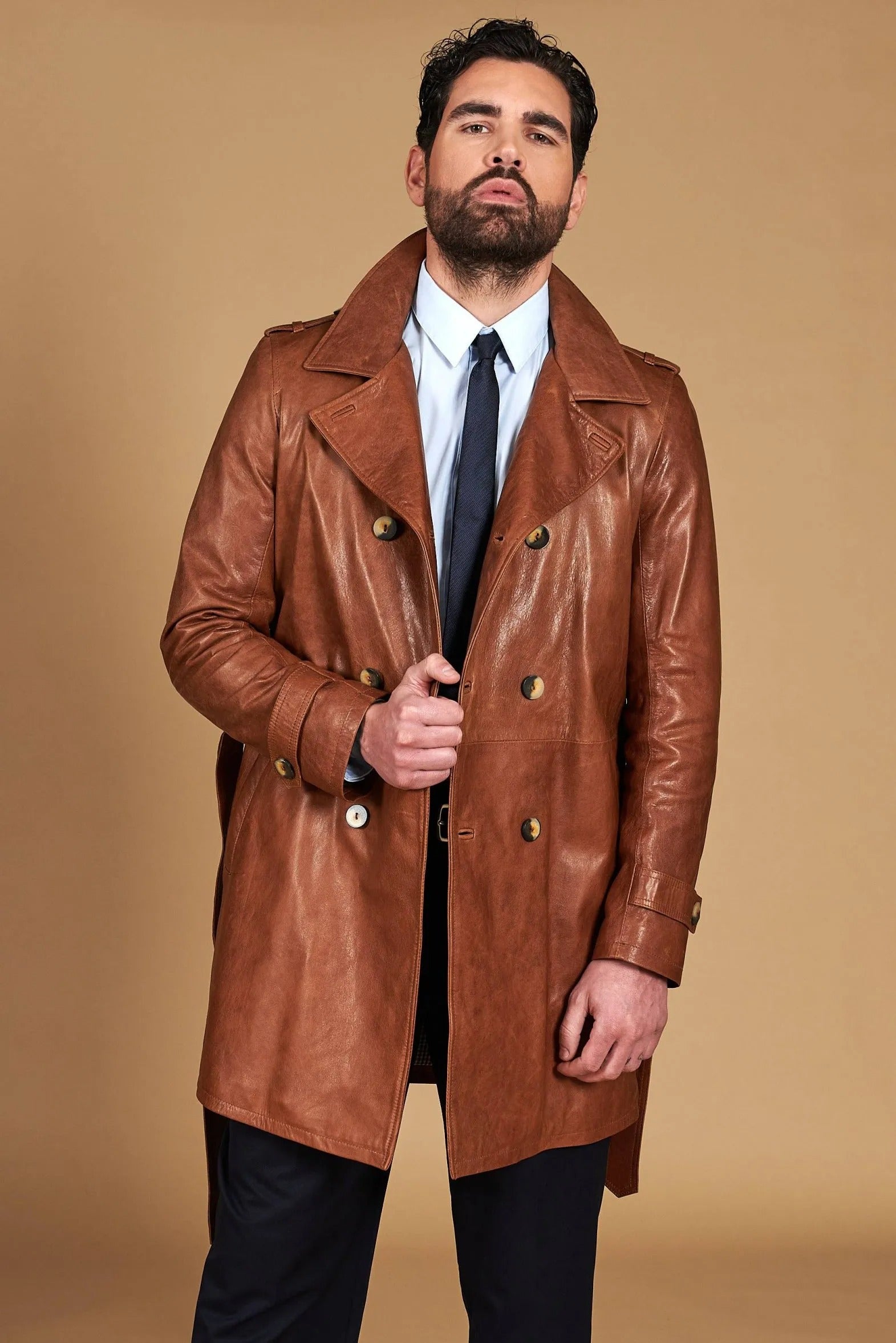 Men's Vintage Leather Coat Double-Breasted with Belt