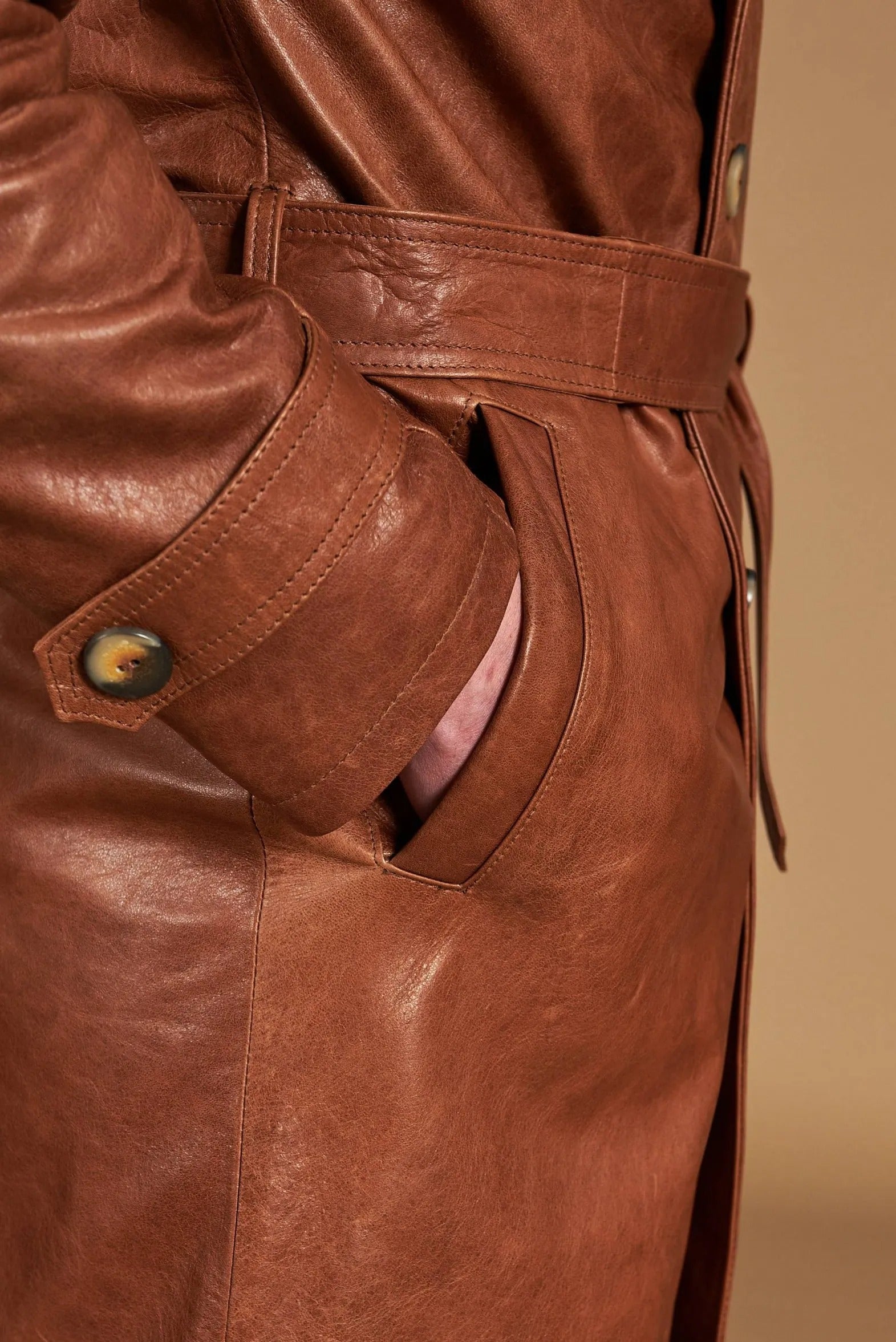 Men's Vintage Leather Coat Double-Breasted with Belt