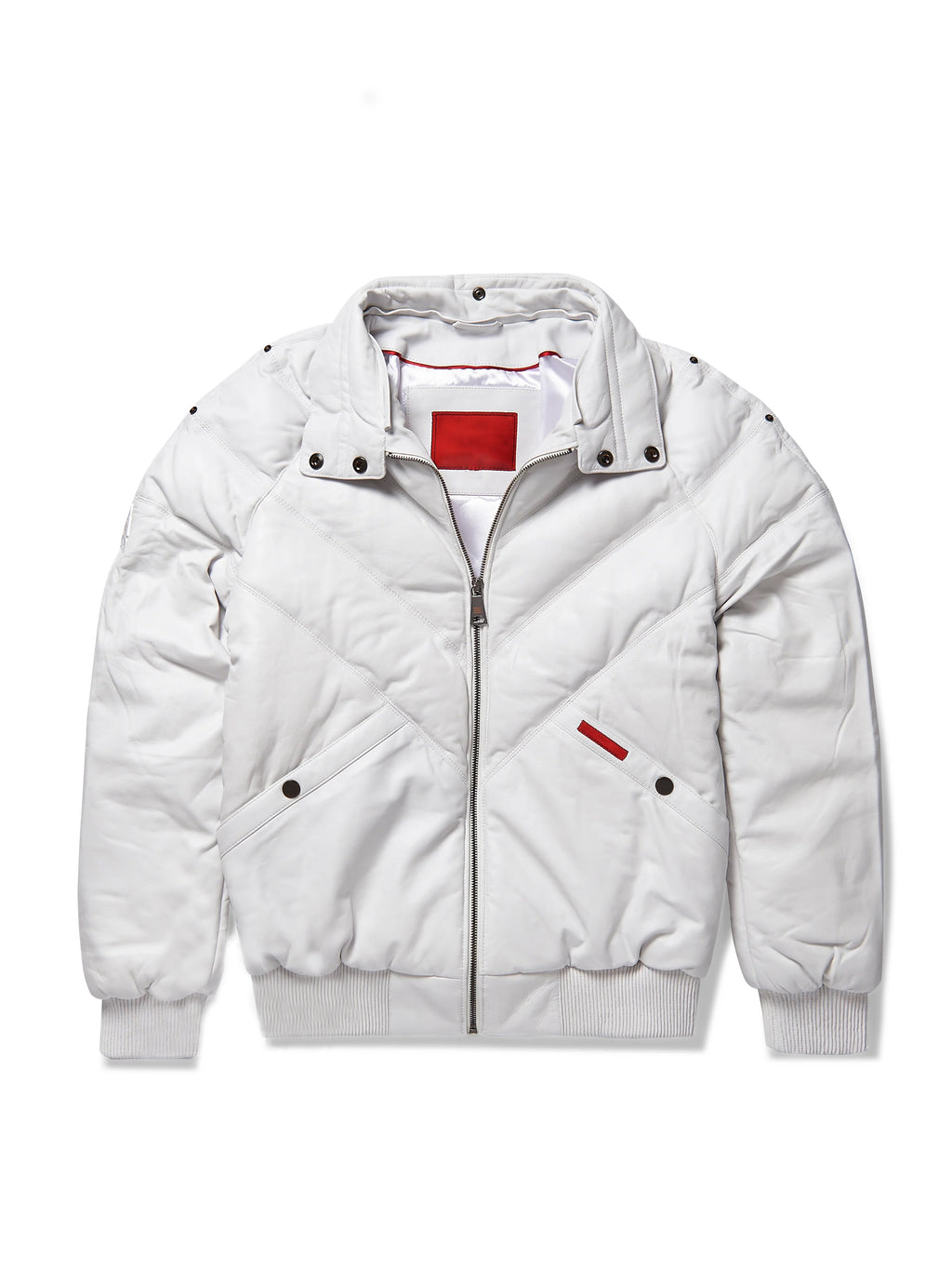 Men's White Detachable Fox Fur Collar V-Bomber leather Jacket