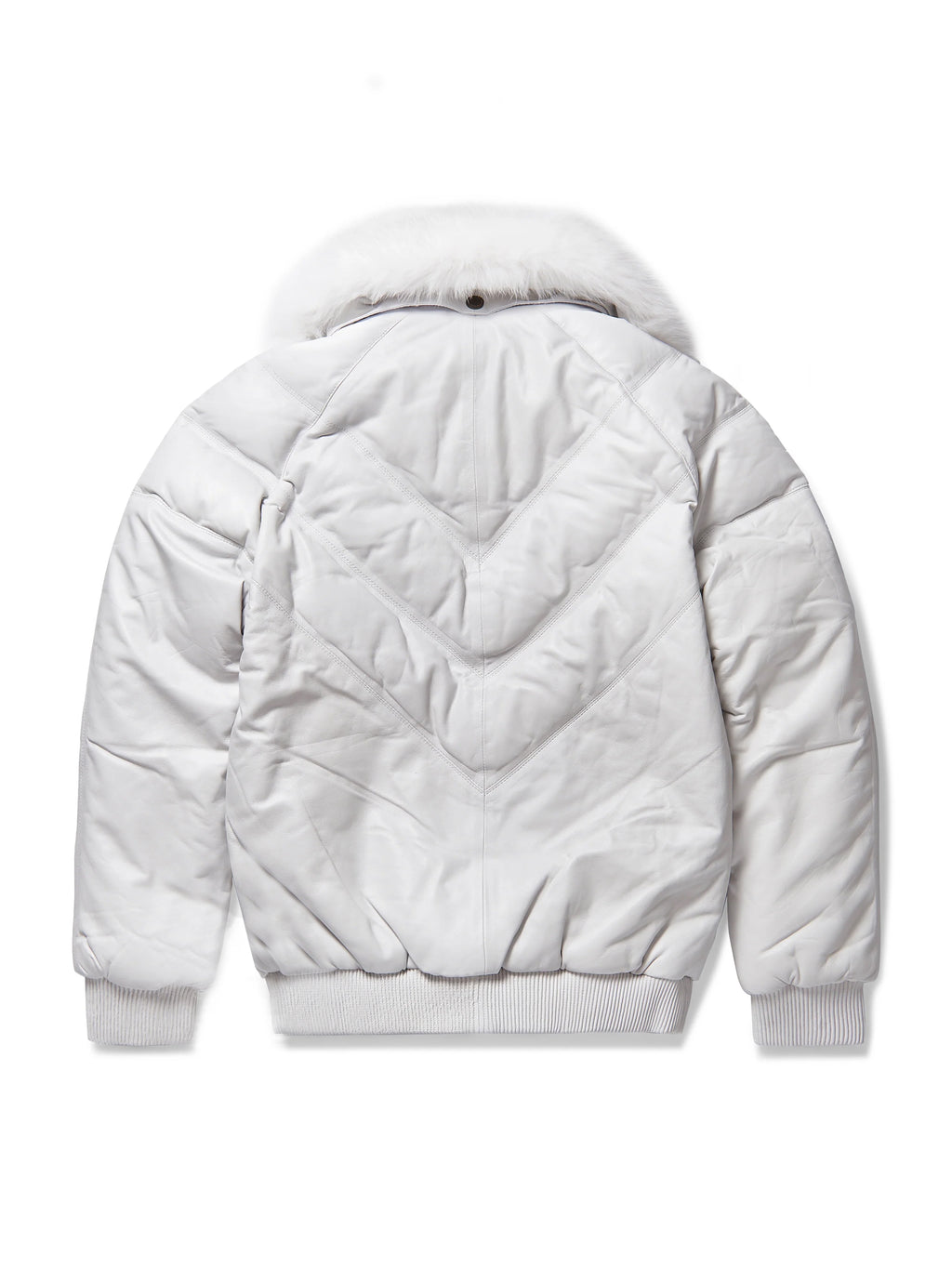 Men's White Detachable Fox Fur Collar V-Bomber leather Jacket