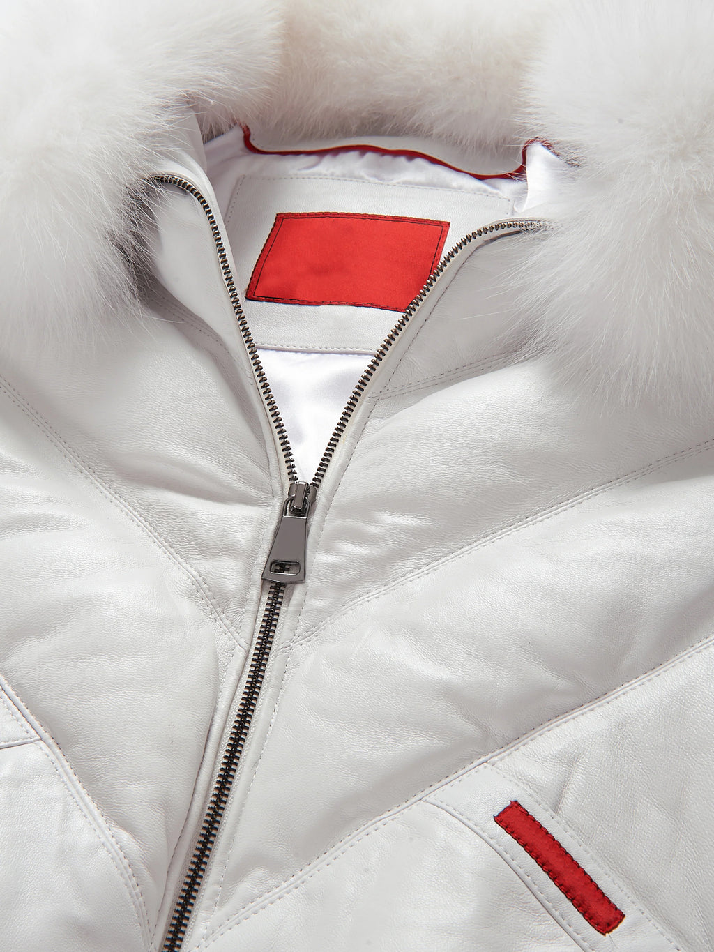 Men's White Detachable Fox Fur Collar V-Bomber leather Jacket