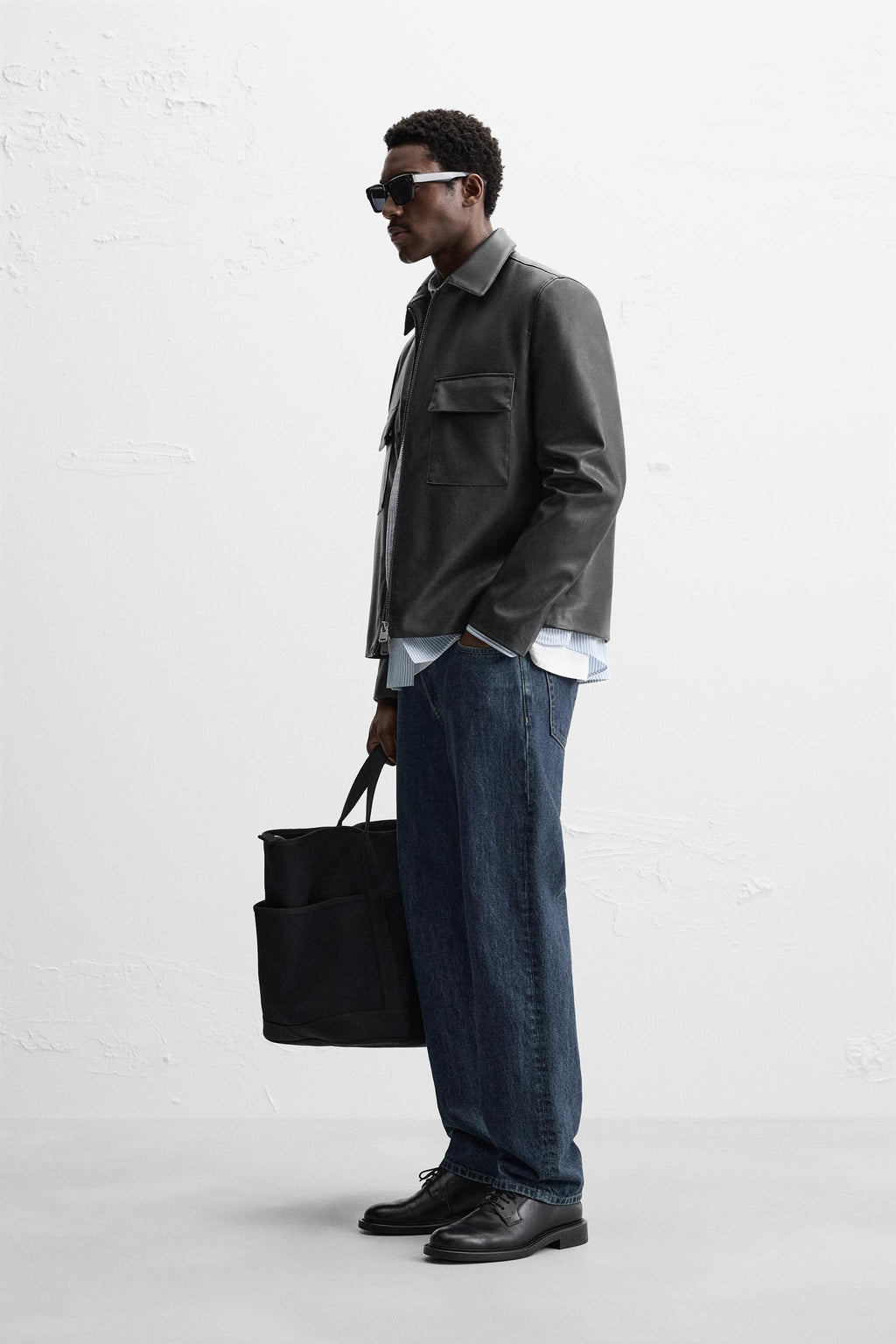 Herren Reißverschluss Schwarze Einfache Lederjacke Lange Ärmel