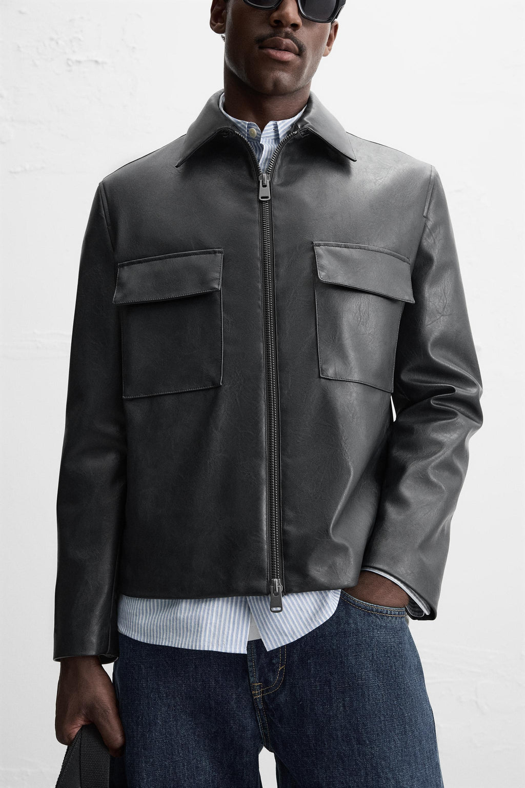 Herren Reißverschluss Schwarze Einfache Lederjacke Lange Ärmel