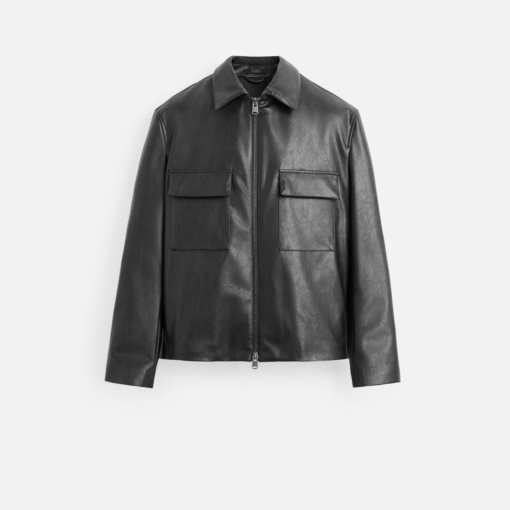 Herren Reißverschluss Schwarze Einfache Lederjacke Lange Ärmel