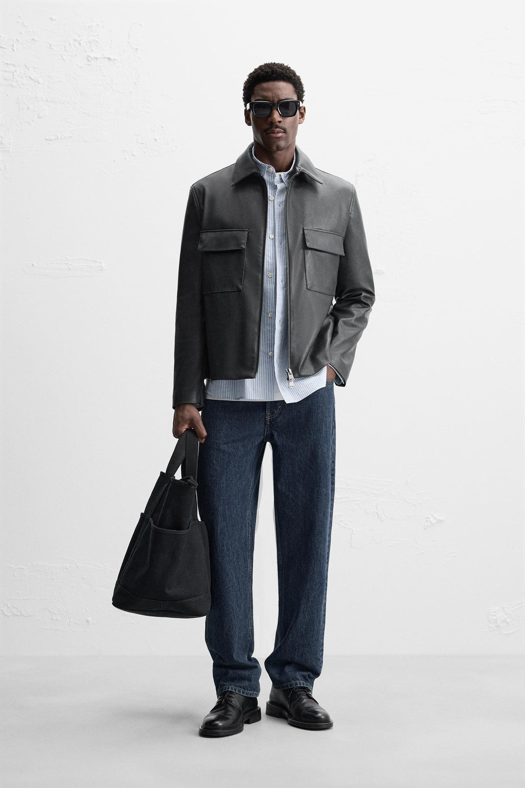 Herren Reißverschluss Schwarze Einfache Lederjacke Lange Ärmel