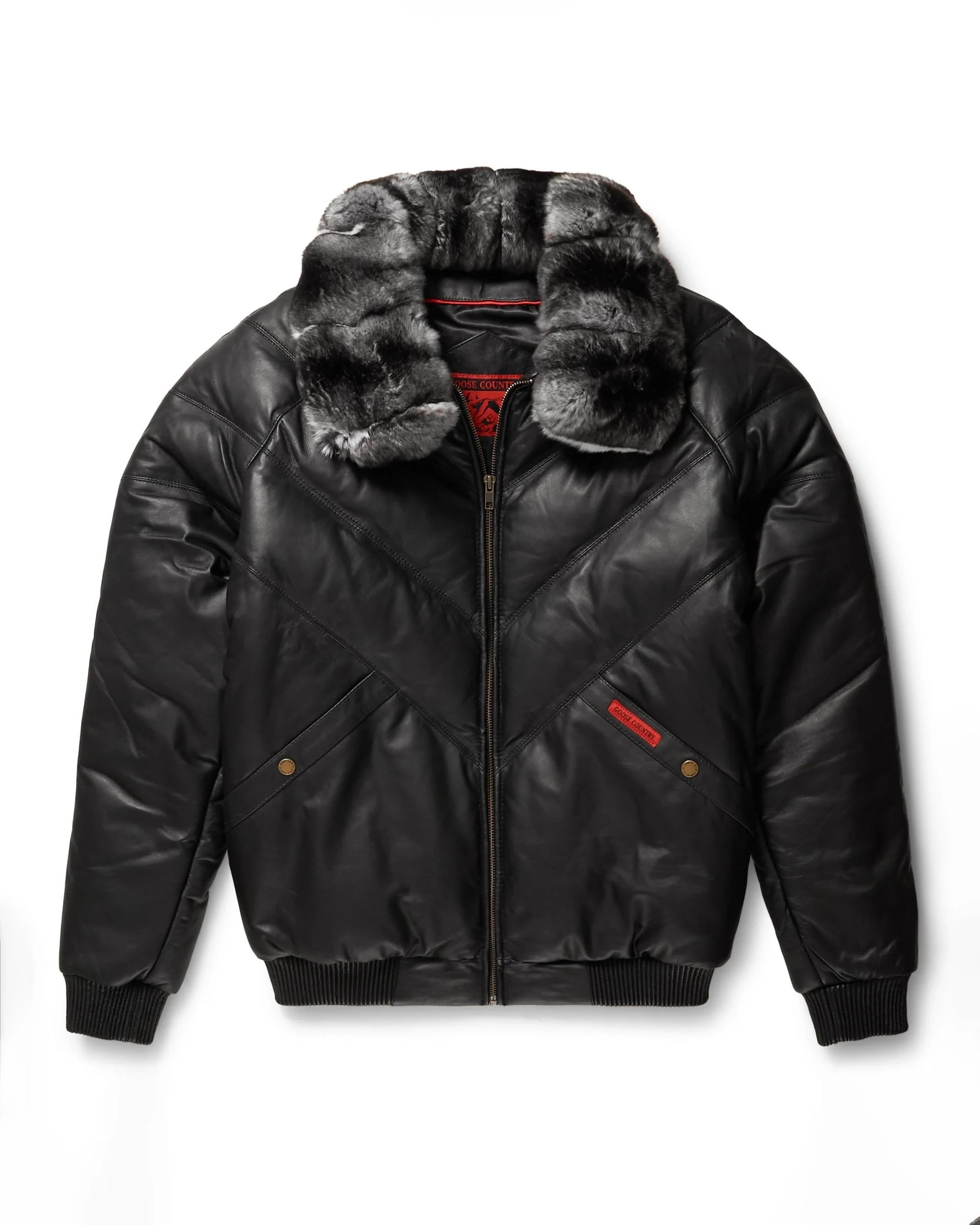 Men's Black Detachable Fox Fur Collar V-Bomber leather Jacket