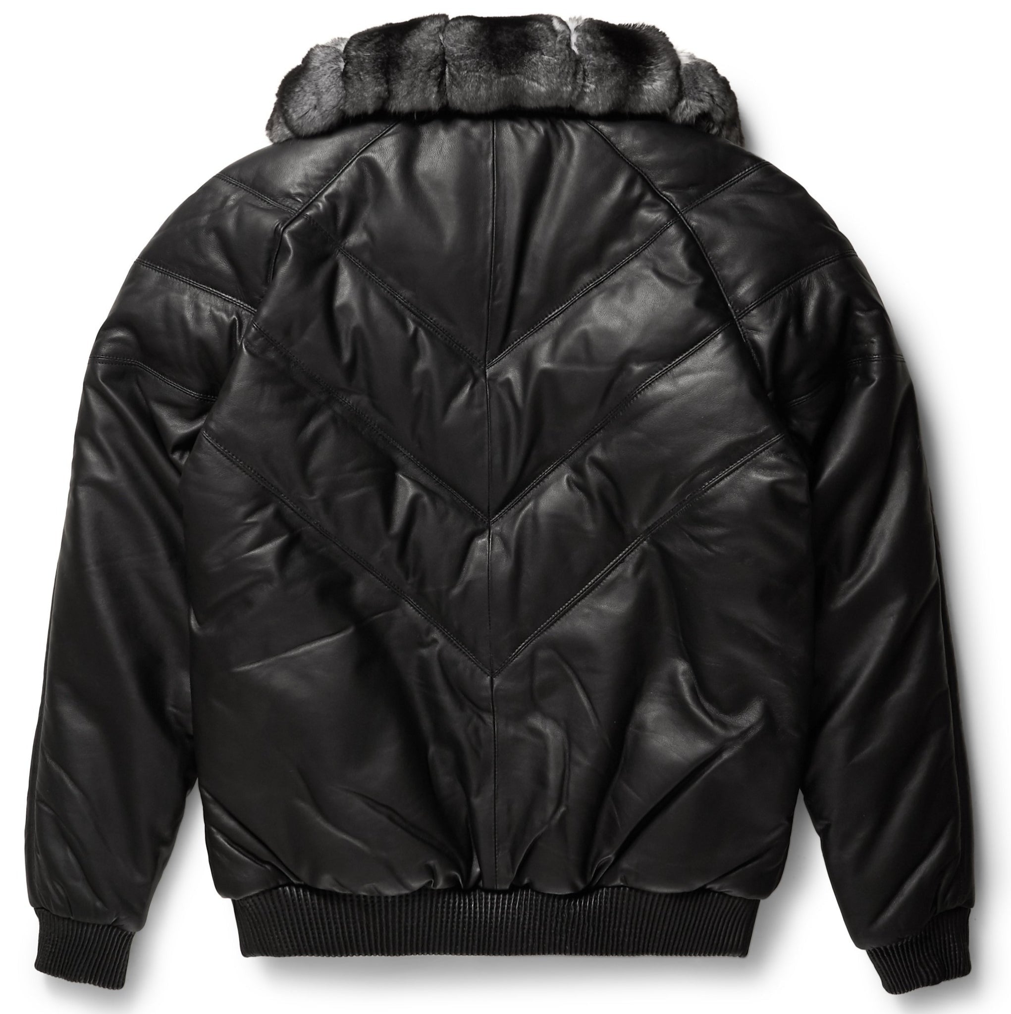 Men's Black Detachable Fox Fur Collar V-Bomber leather Jacket