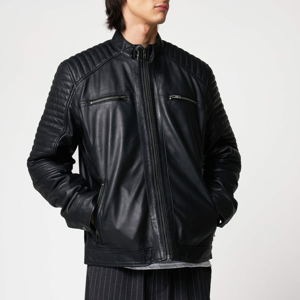 Herren-Leder-Racerjacke mit gesteppten Schultern 