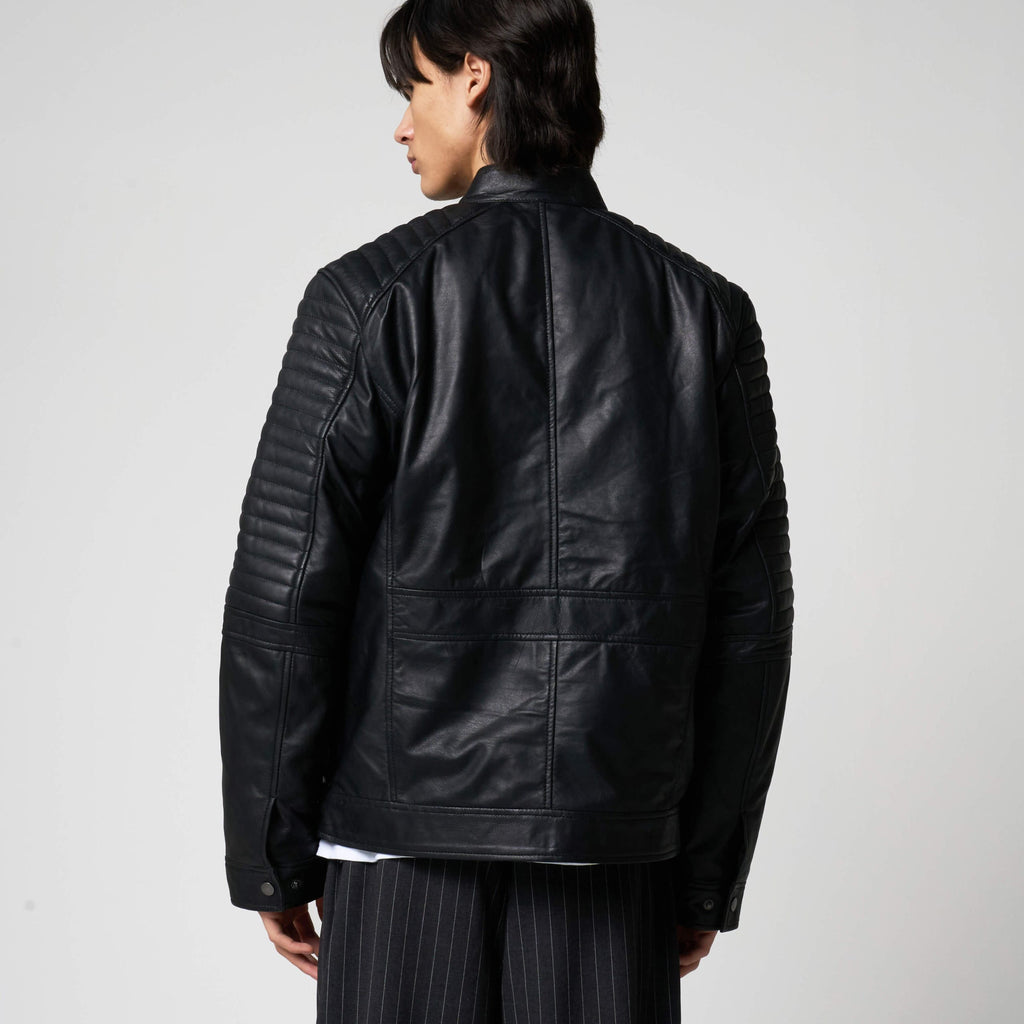 Herren-Leder-Racerjacke mit gesteppten Schultern 