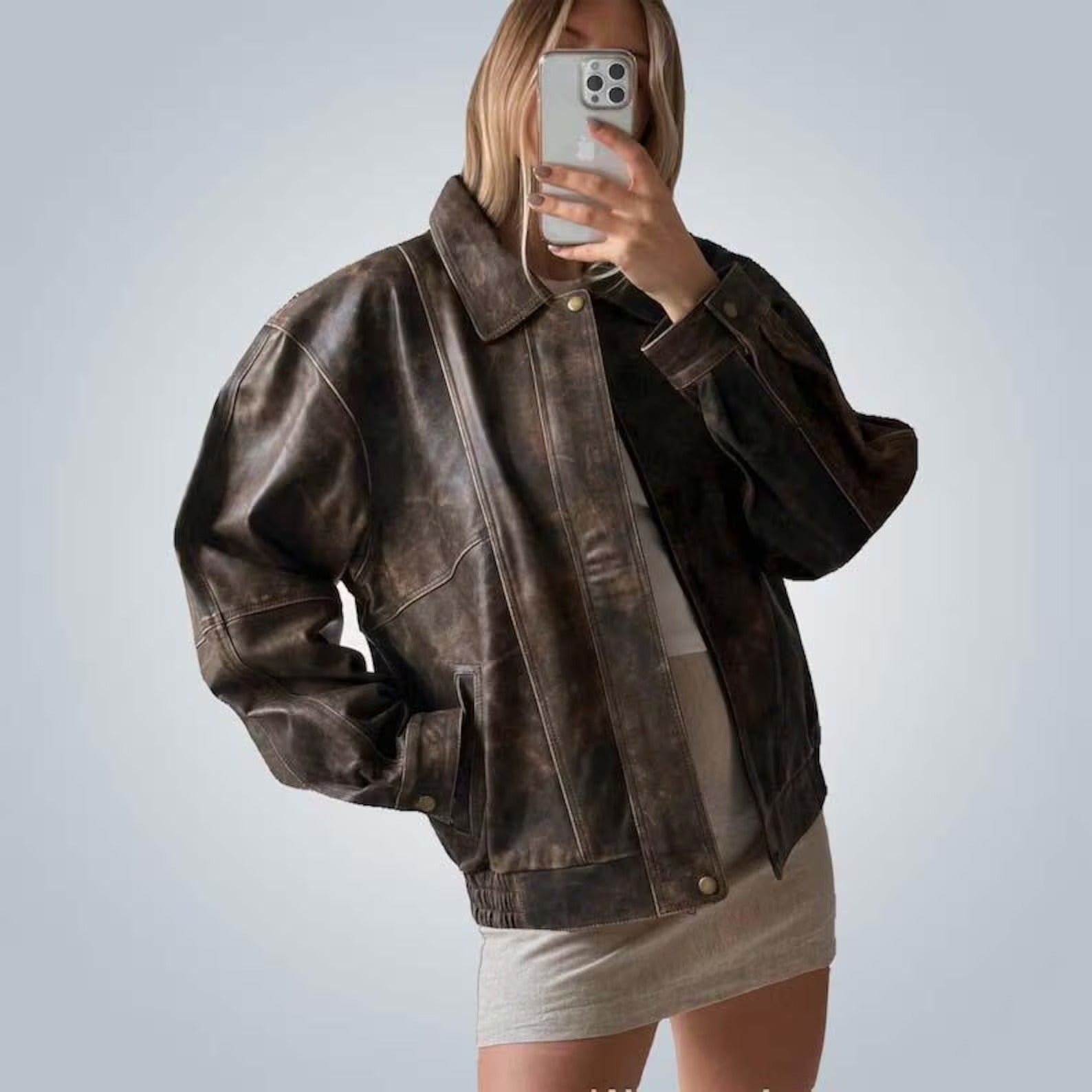 Women's 1980s Retro Distressed Brown Oversized Loose Fit Leather Jacket
