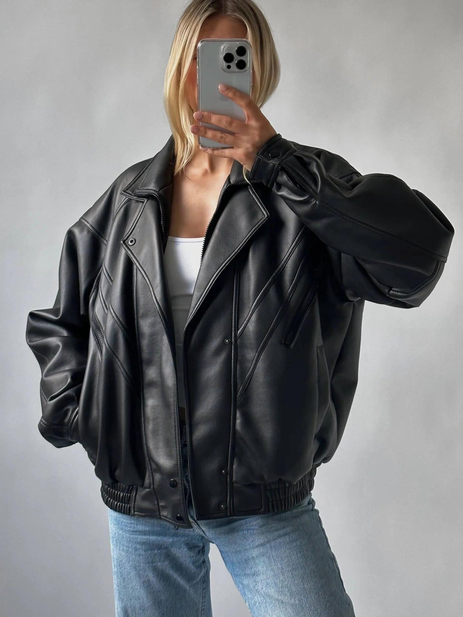 Women's 80s Retro Black Oversized Straight Cut Sheepskin Leather Jacket