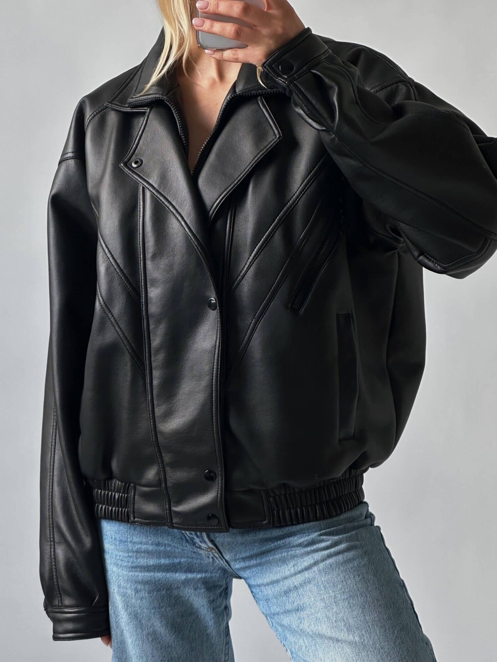 Women's 80s Retro Black Oversized Straight Cut Sheepskin Leather Jacket