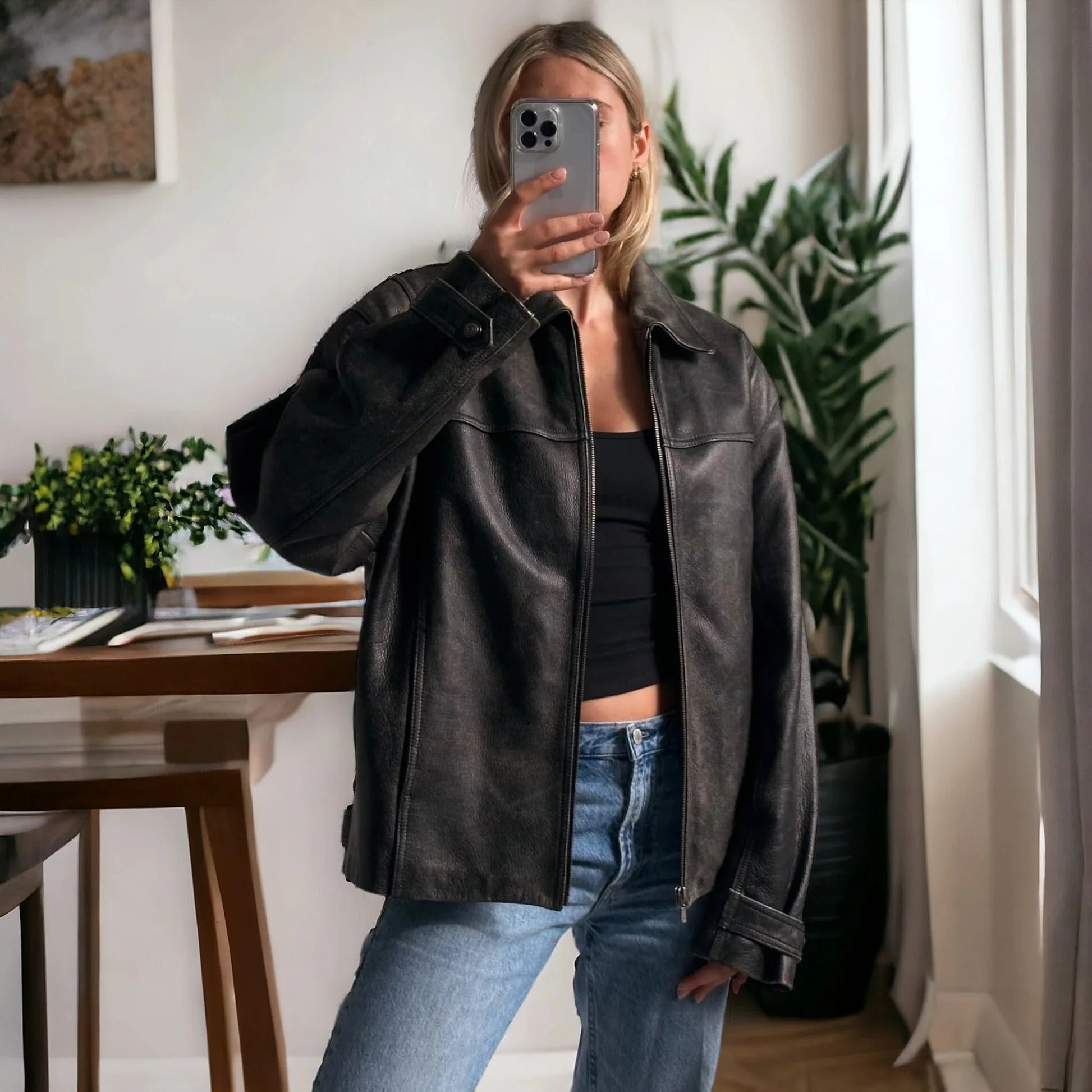 Women's 90's Black Oversized Leather Jacket