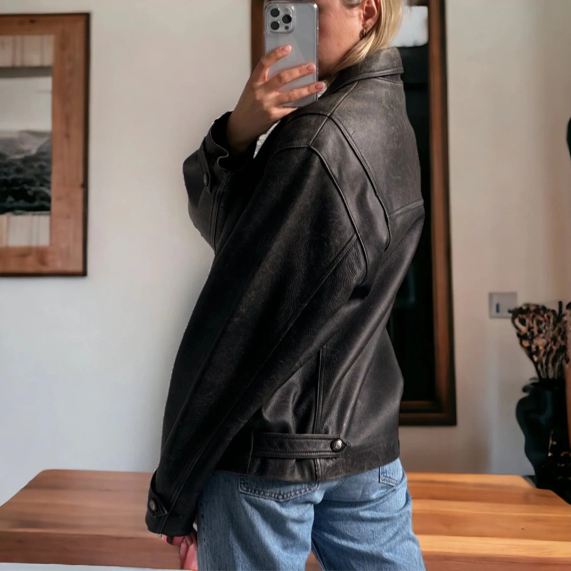 Women's 90's Black Oversized Leather Jacket
