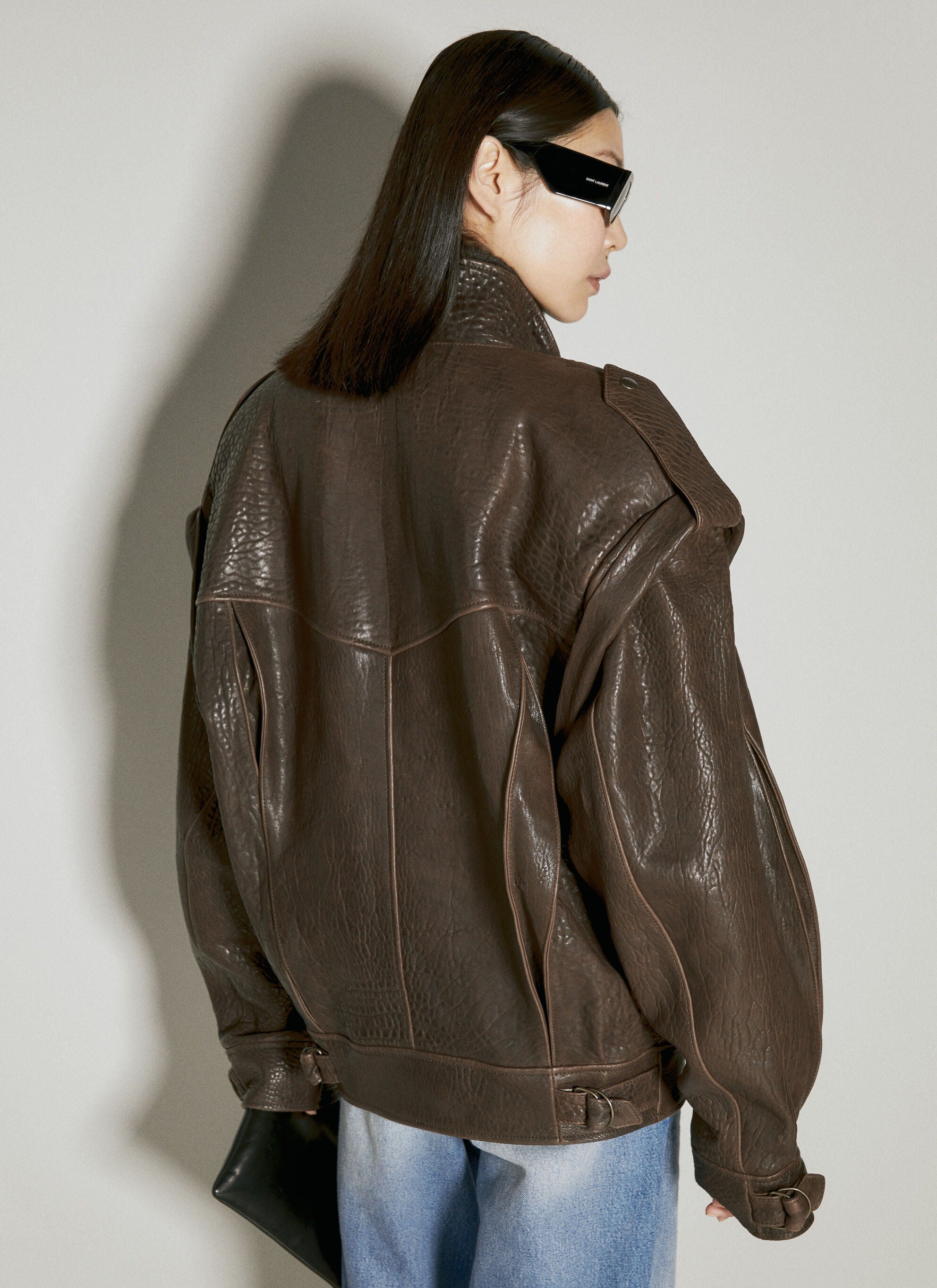 Women's Adjustable Cuffs Long Sleeved Oversized Leather Jacket