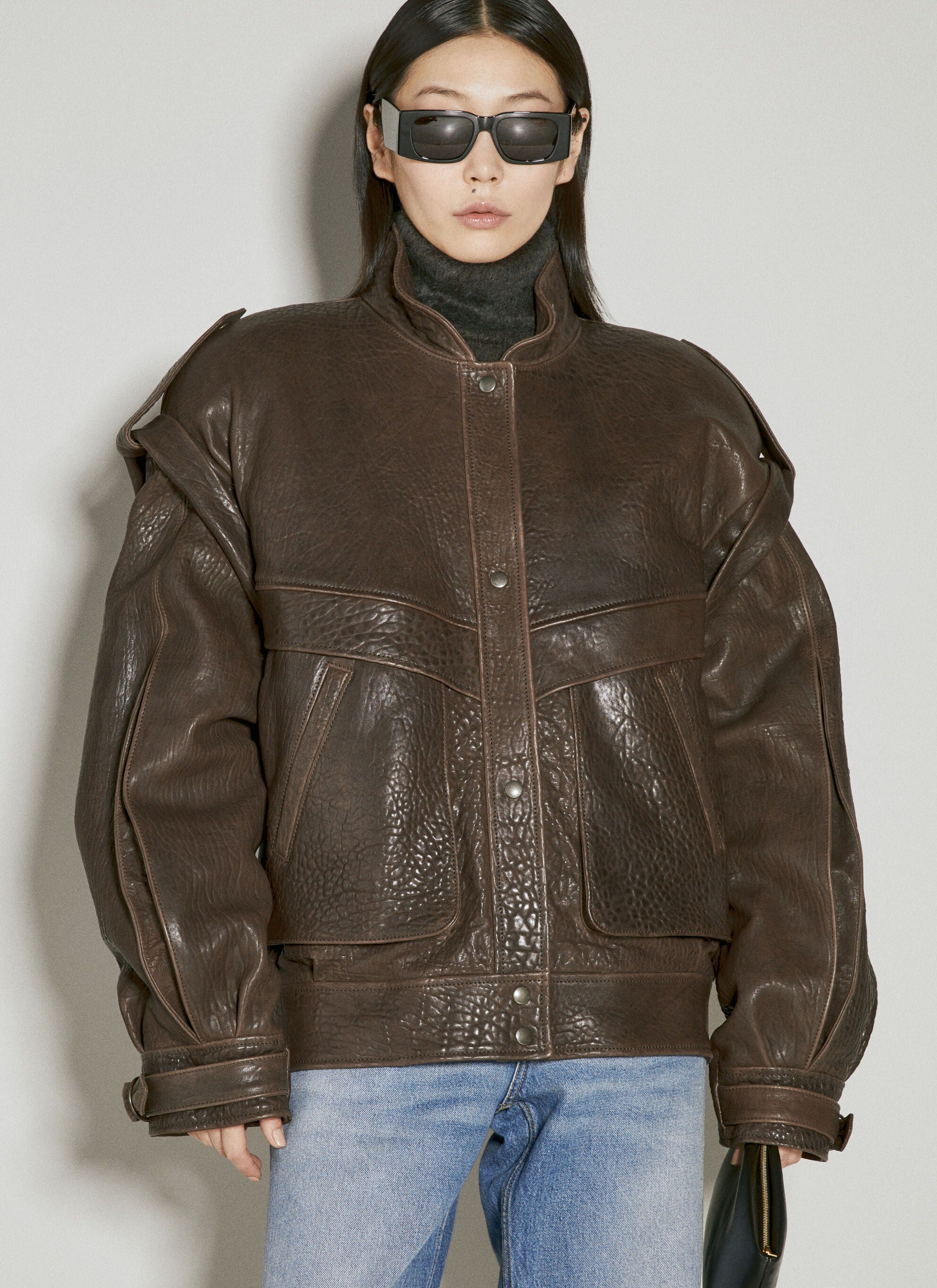 Women's Adjustable Cuffs Long Sleeved Oversized Leather Jacket