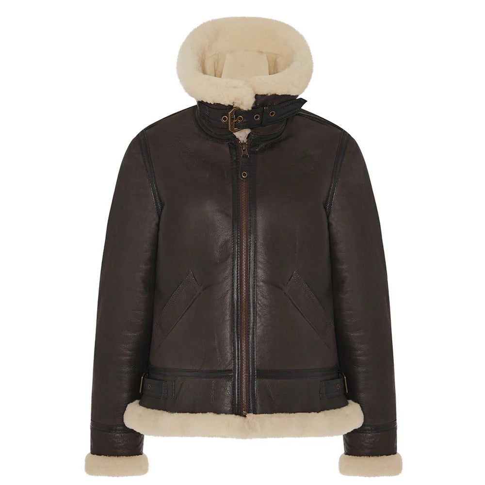 Damen B-3 Slim Fit Shearling-Lederjacke