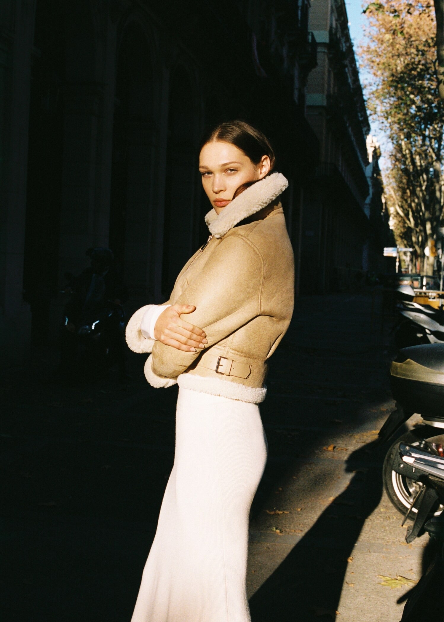 Women's Beige Leather-Effect Fur Shearling Jacket