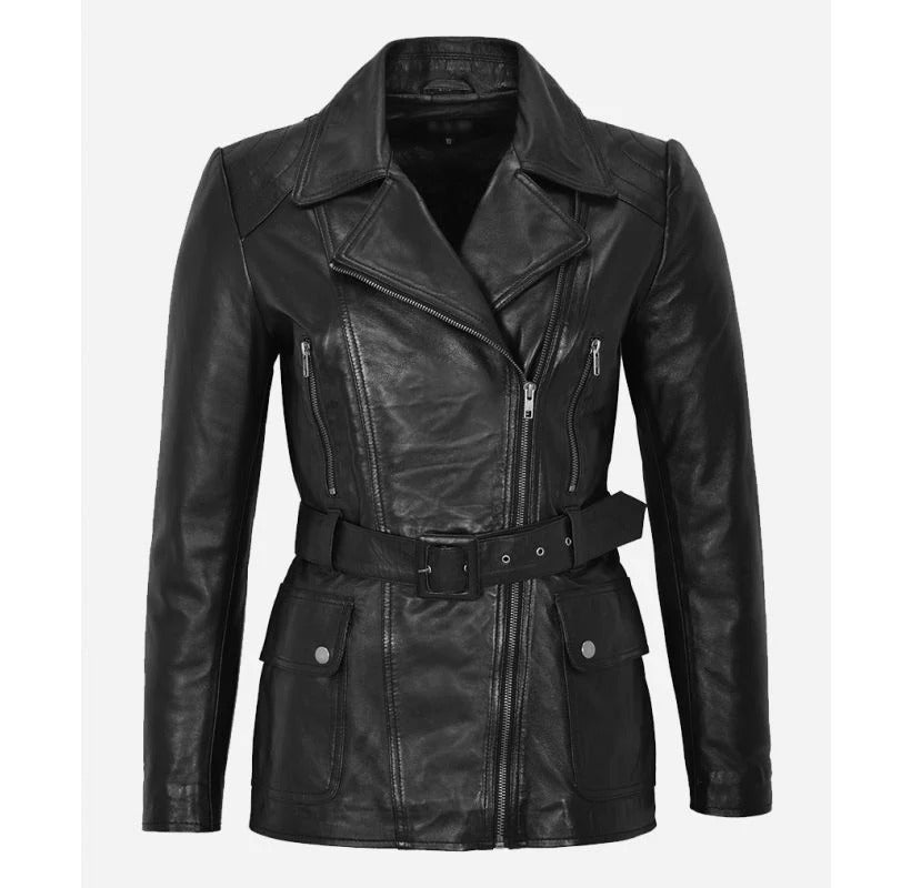 Women's Black ANGELINE Mid Length Leather Short Trench Coat