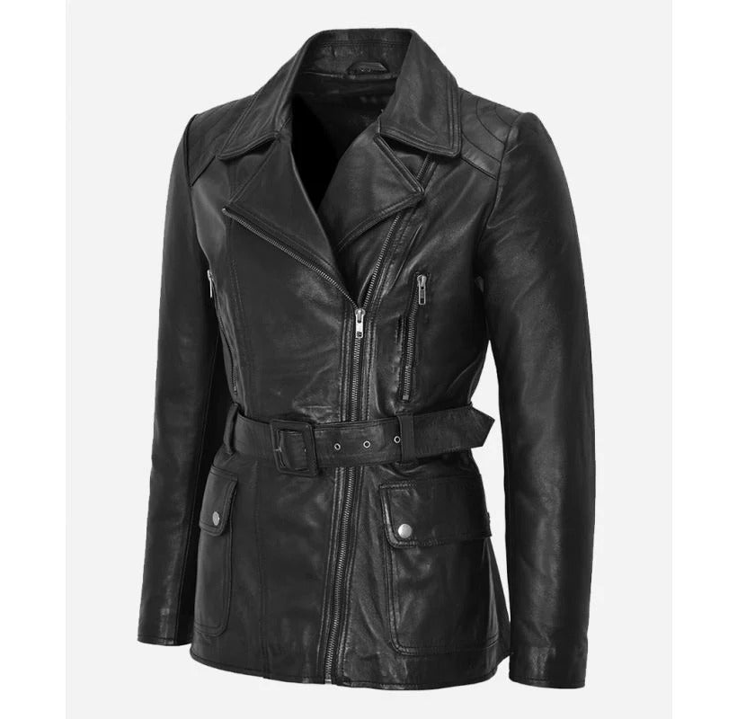 Women's Black ANGELINE Mid Length Leather Short Trench Coat