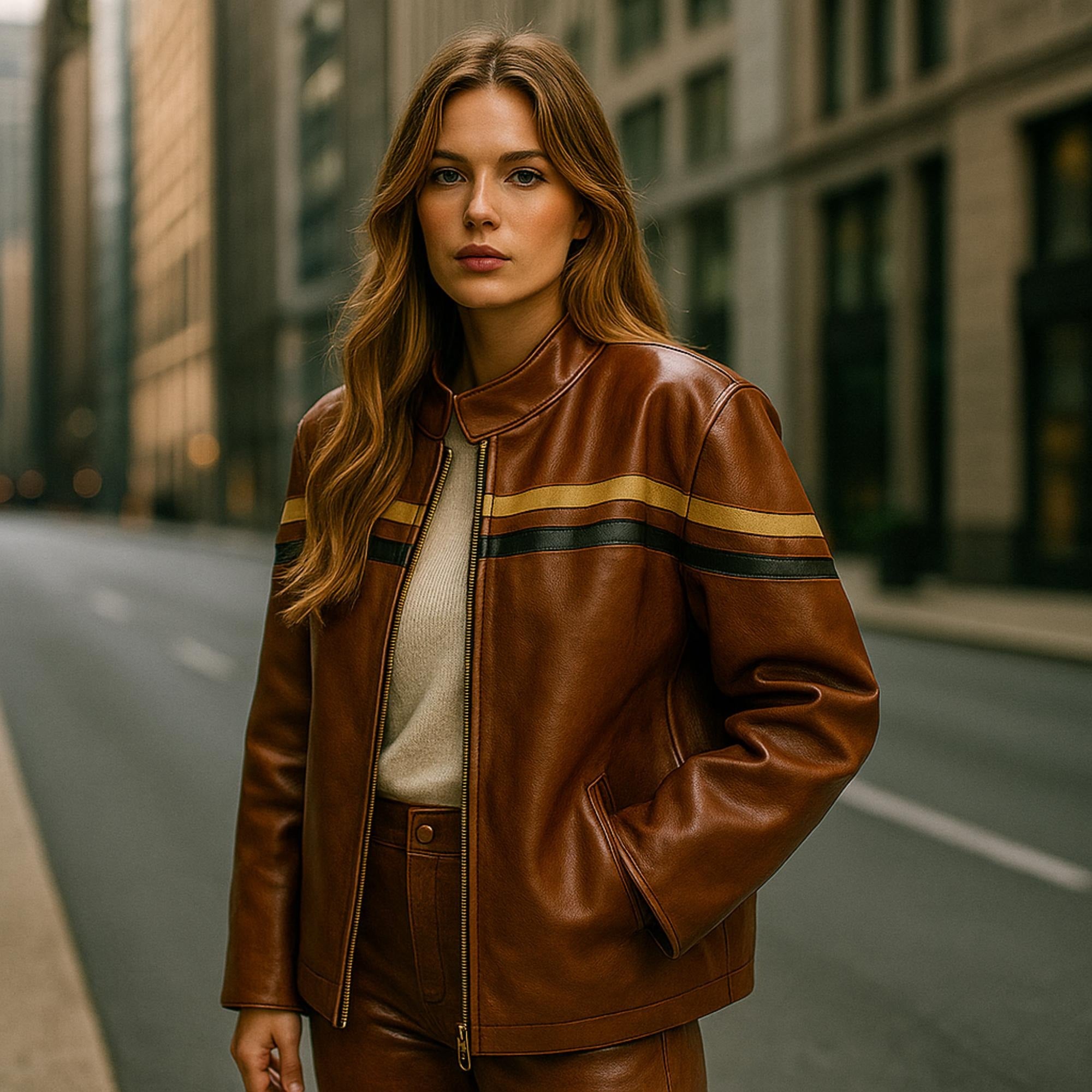 Women’s Black And Tan Stripped Chest And Sleeves Oversized Leather Jacket