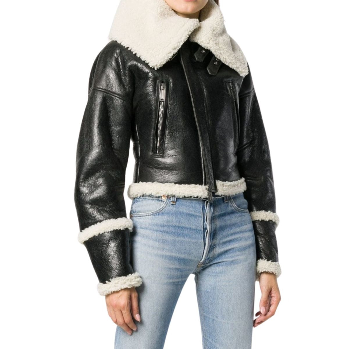 Women's Black B3 Oversized Collar Shearling Leather Jacket