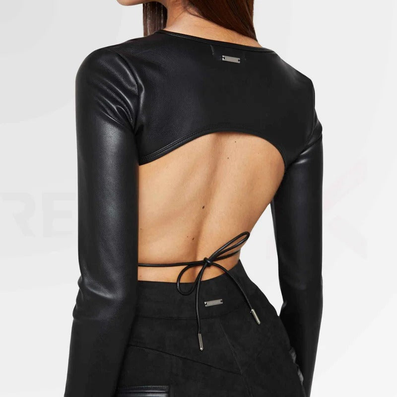 Women's Black Backless Genuine Leather Top