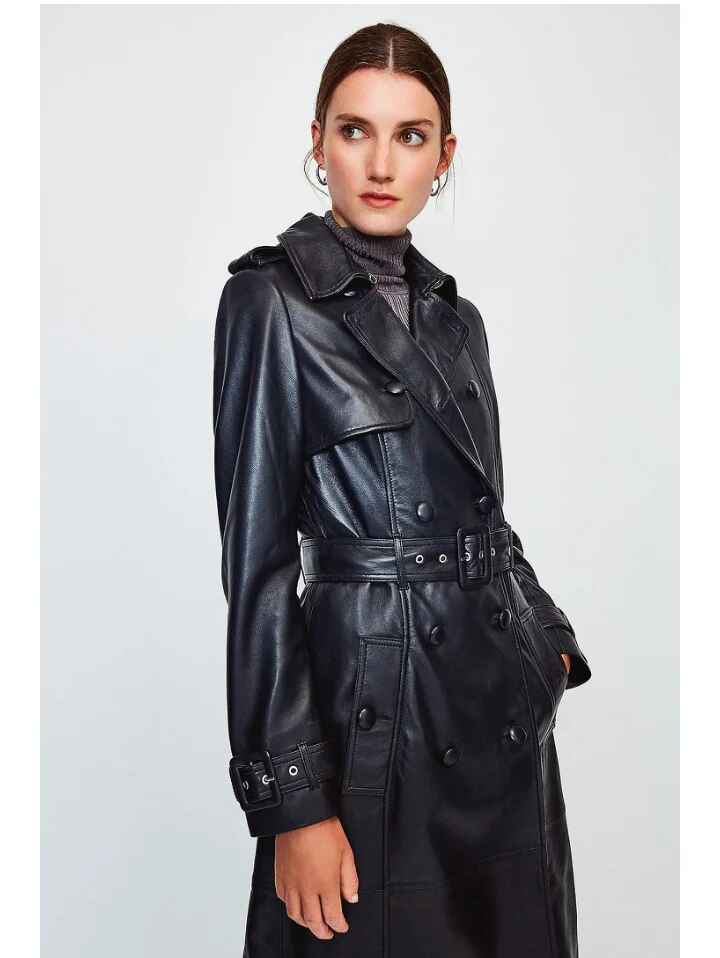 Women’s Black Belted Button Downed Sheepskin Leather Trench Coat
