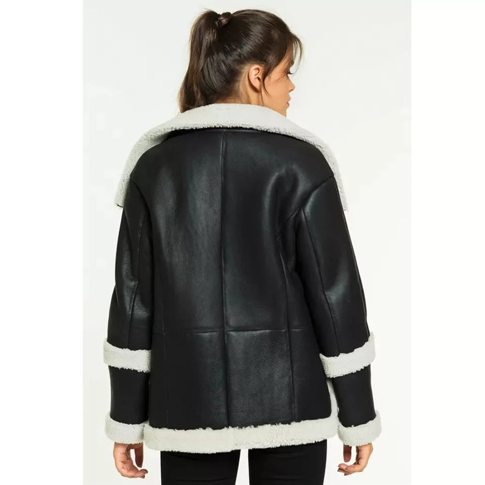 Women’s Black Big Fur Collar One inner Pocket Leather White Shearling Fur Coat