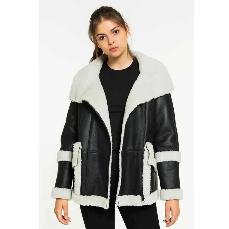 Women’s Black Big Fur Collar One inner Pocket Leather White Shearling Fur Coat