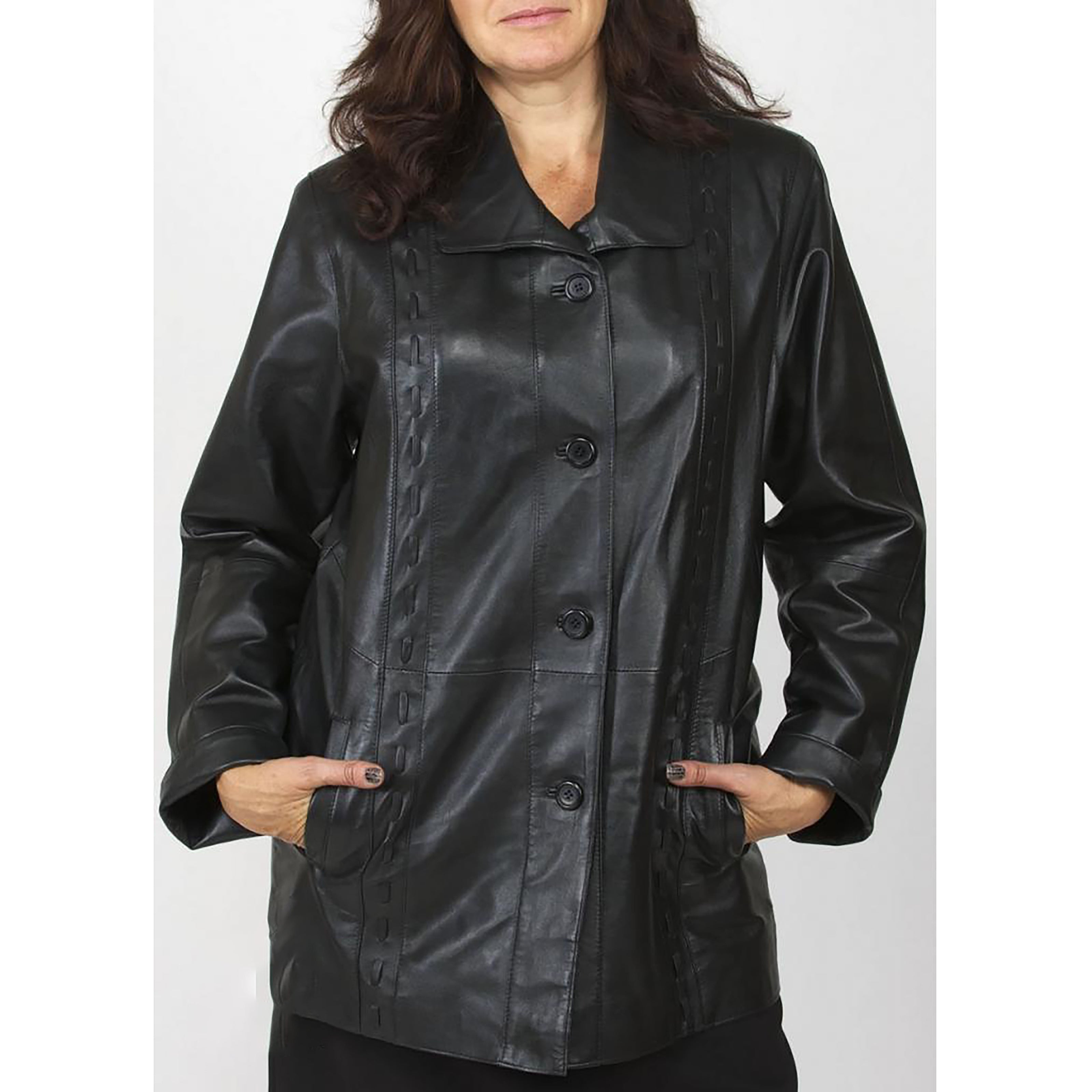 Women's Black Buckle Belt 3/4 Length Leather Coat