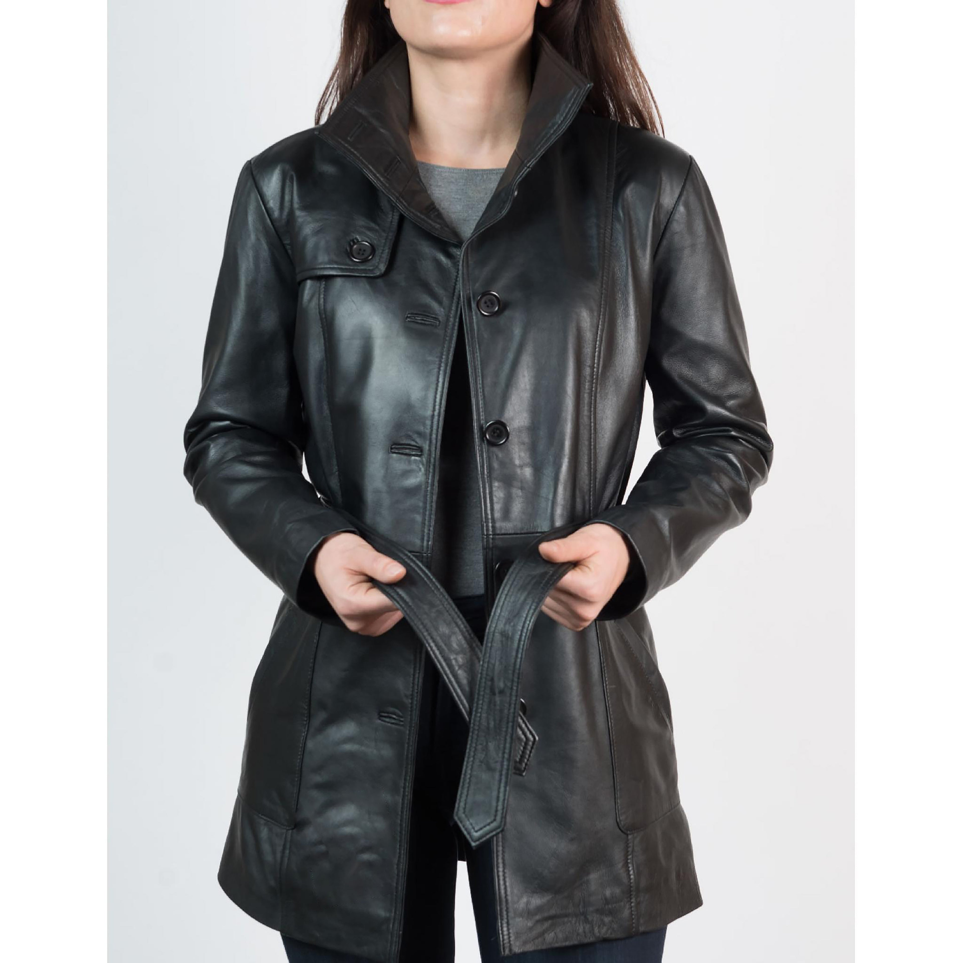 Women's Black Buckle Belt 3/4 Length Leather Coat