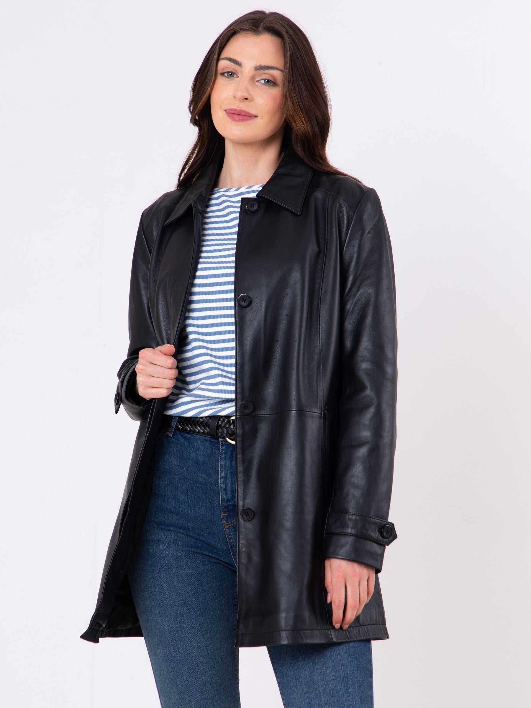 Women's Black Button Down Longline Leather Coat