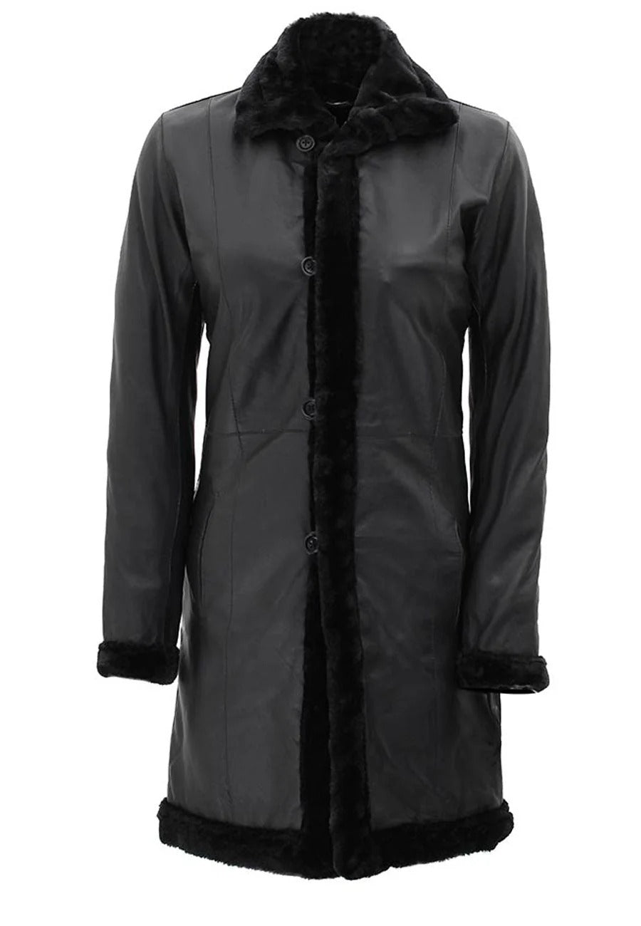 Women’s Black Buttoned Closure Collared Leather Shearling Long Fur Coat
