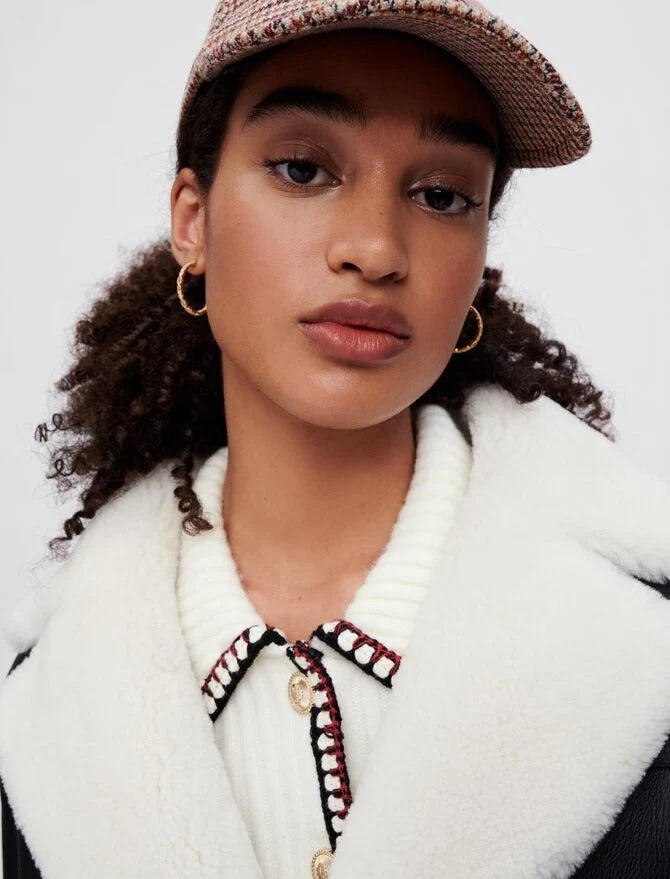 Schwarze Damen-Lammfell-Lederjacke mit Knöpfen