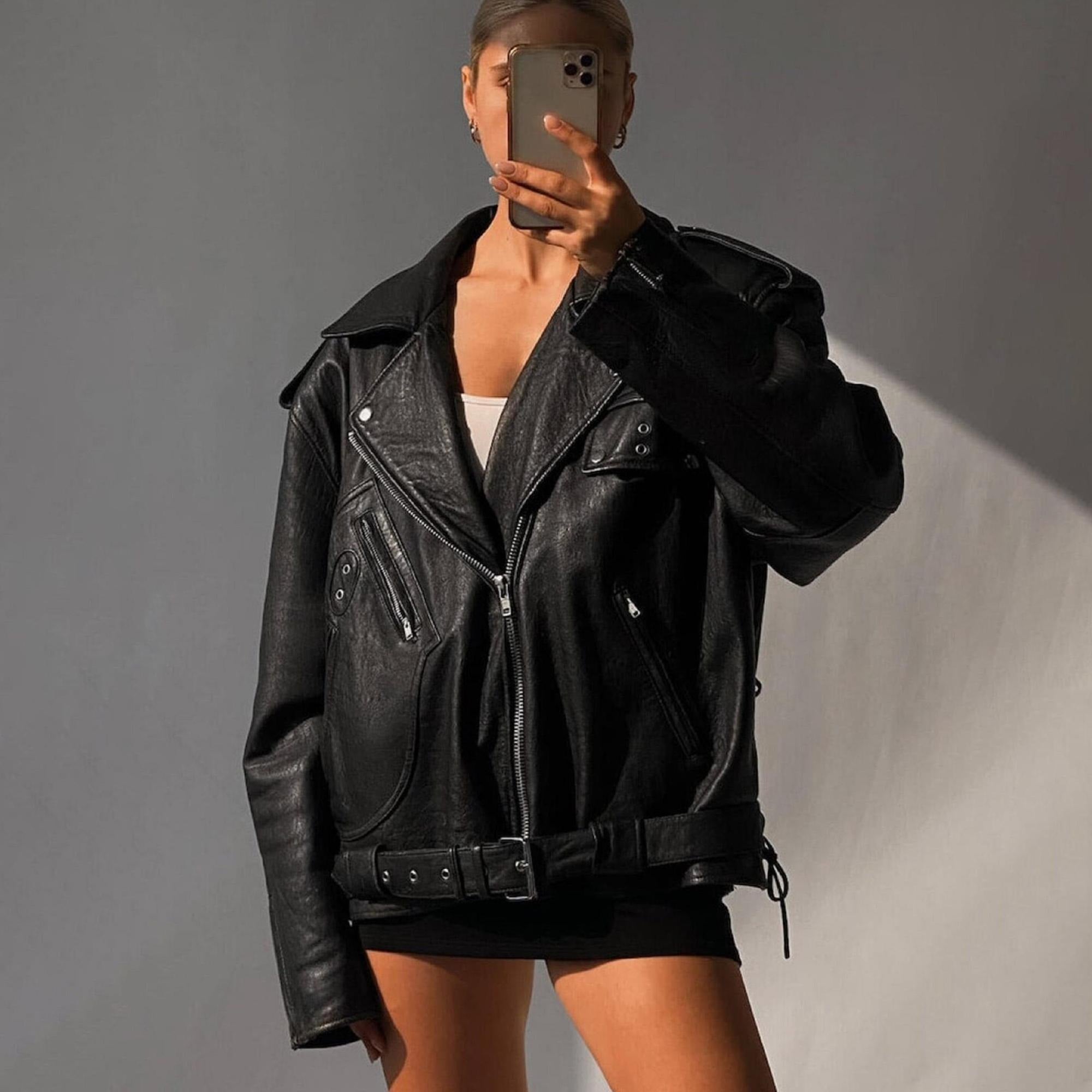 Women's Black Classic Oversized Biker Sheepskin Leather Jacket