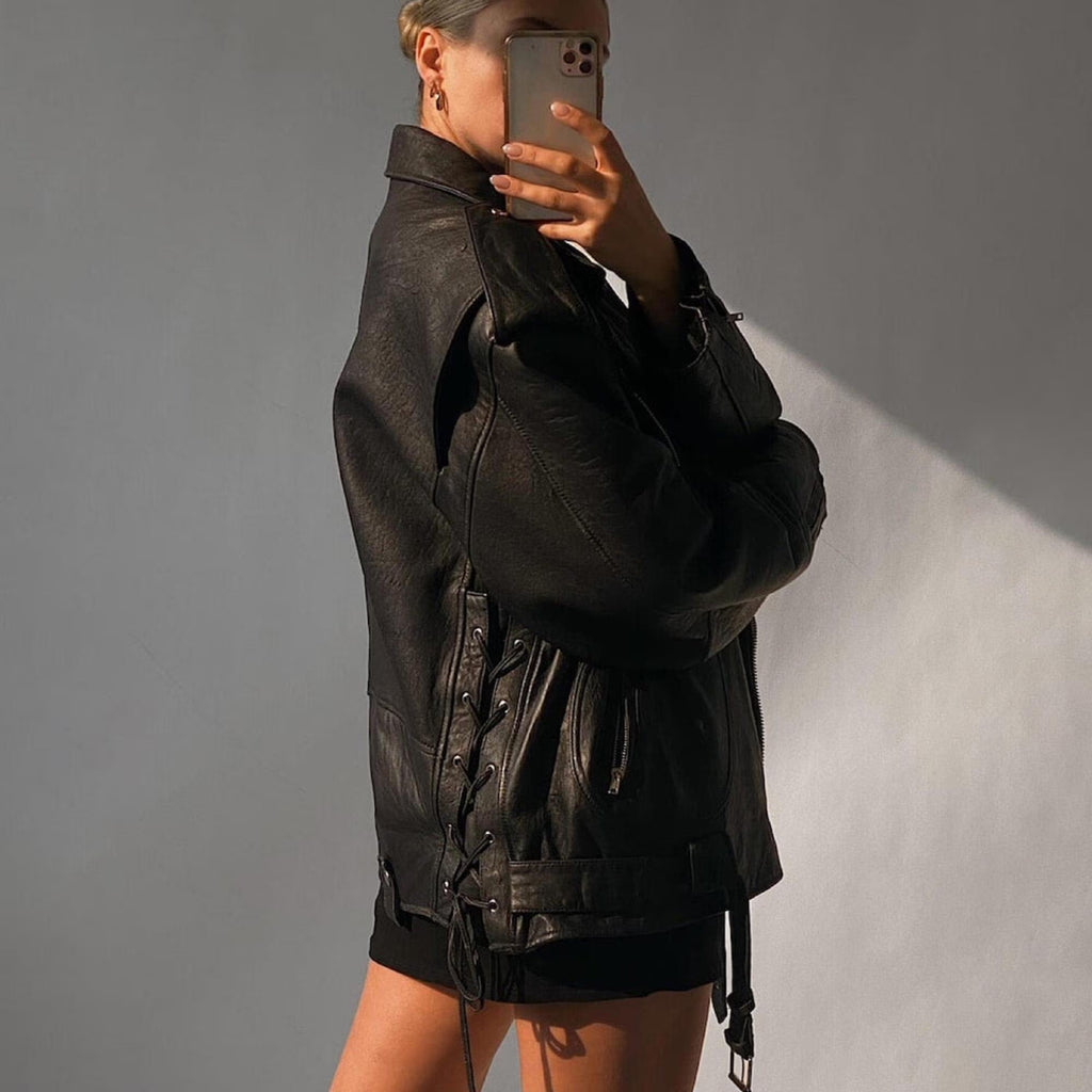 Women's Black Classic Oversized Biker Sheepskin Leather Jacket