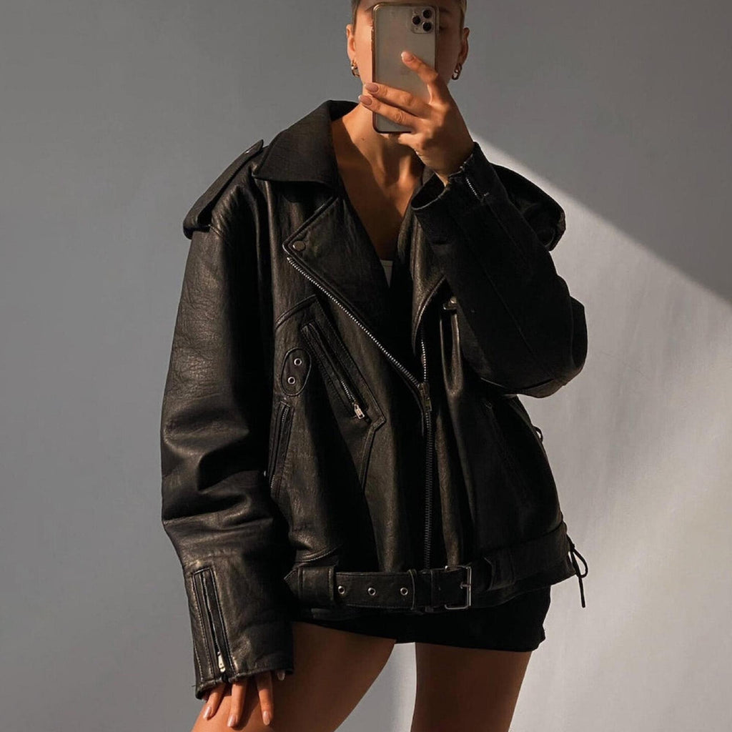Women's Black Classic Oversized Biker Sheepskin Leather Jacket