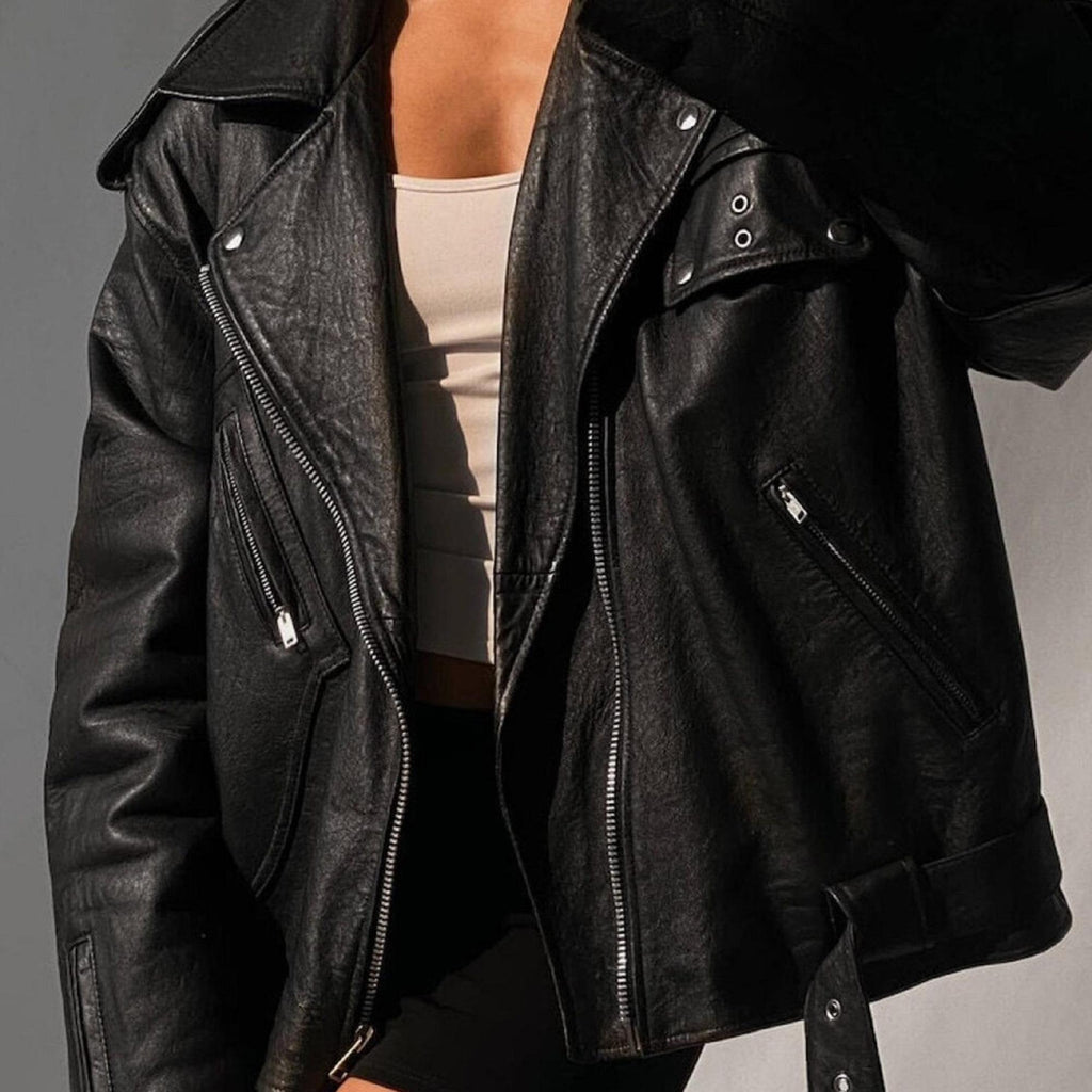 Women's Black Classic Oversized Biker Sheepskin Leather Jacket