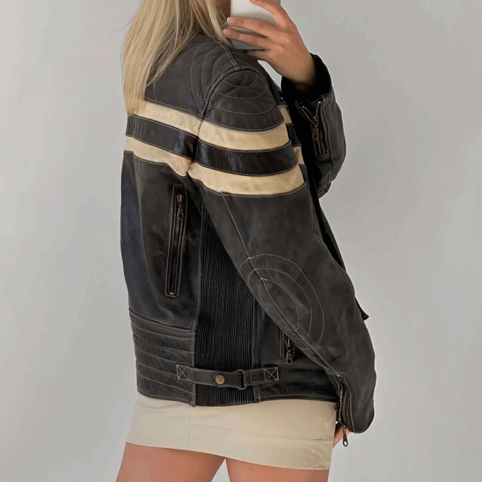 Women's Black Classic White Stripped Chest And Sleeves Oversized Leather Jacket