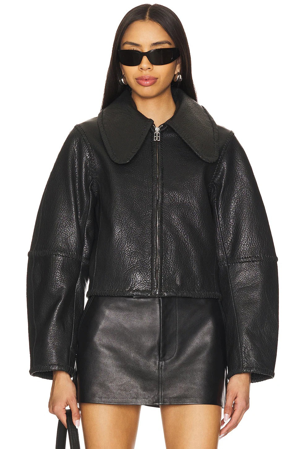 Damen Schwarze Kragen Einfache Lederjacke 