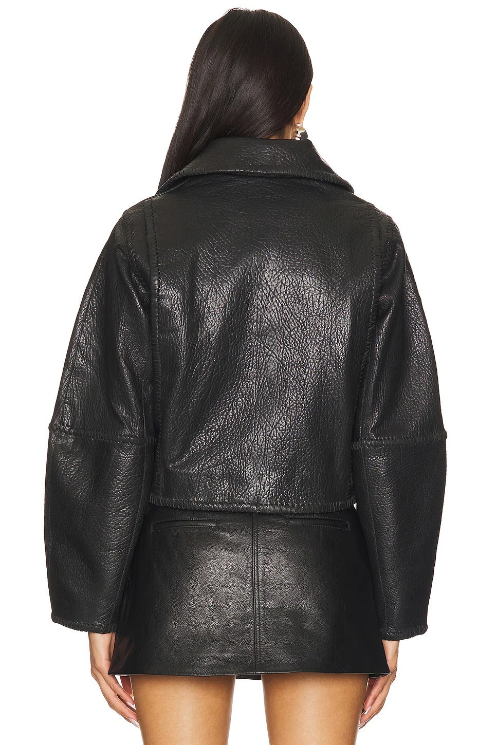 Damen Schwarze Kragen Einfache Lederjacke 