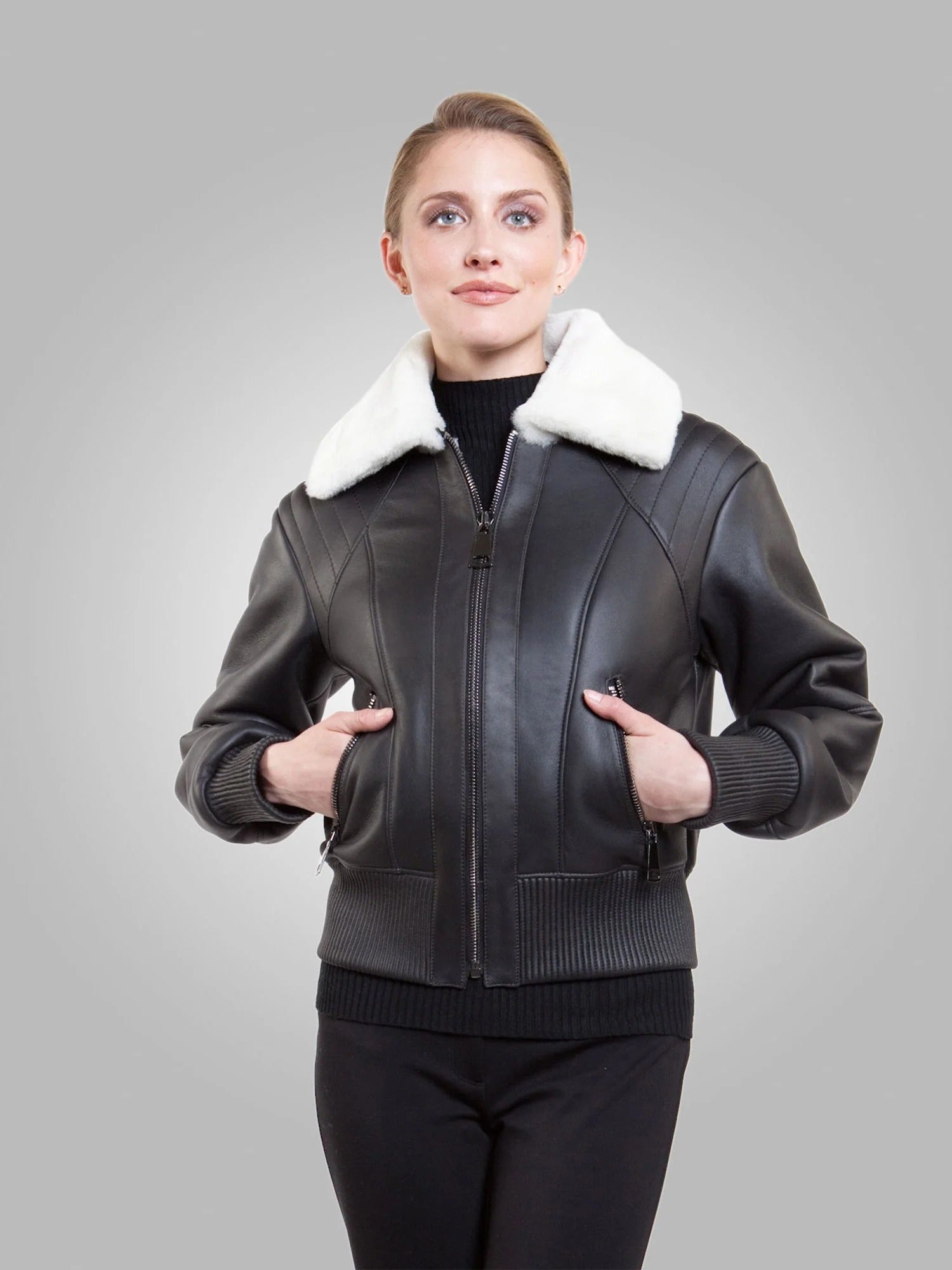 Women’s Black Collared Leather White Shearling Jacket