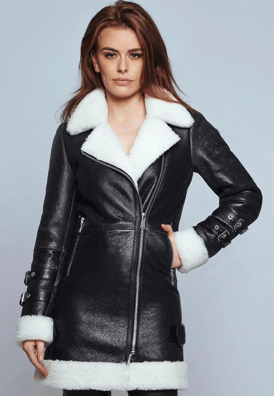 Women’s Black Collared sheepskin Leather White Shearling Long Fur Coat