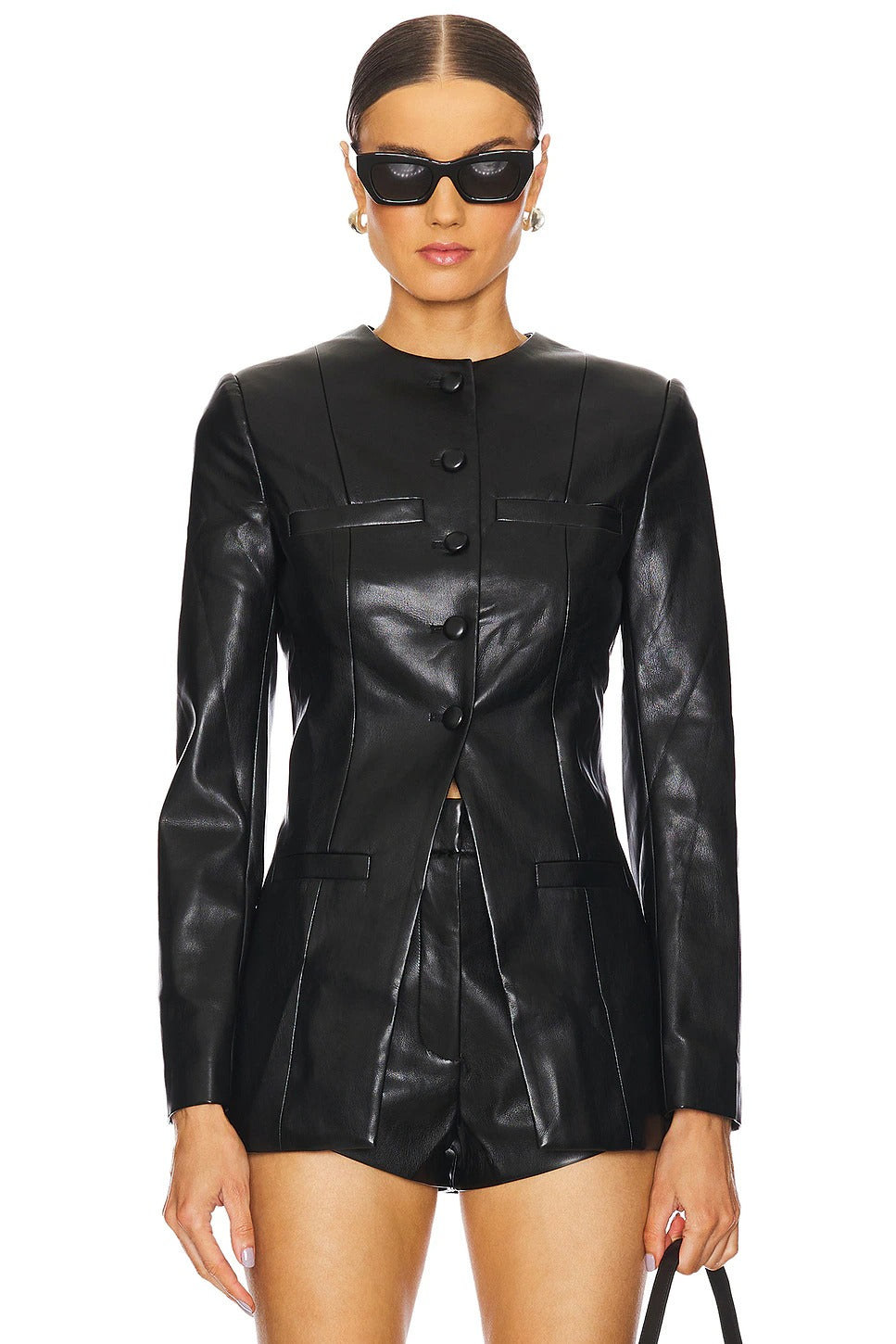 Women's Black Collarless Simple Leather Jacket