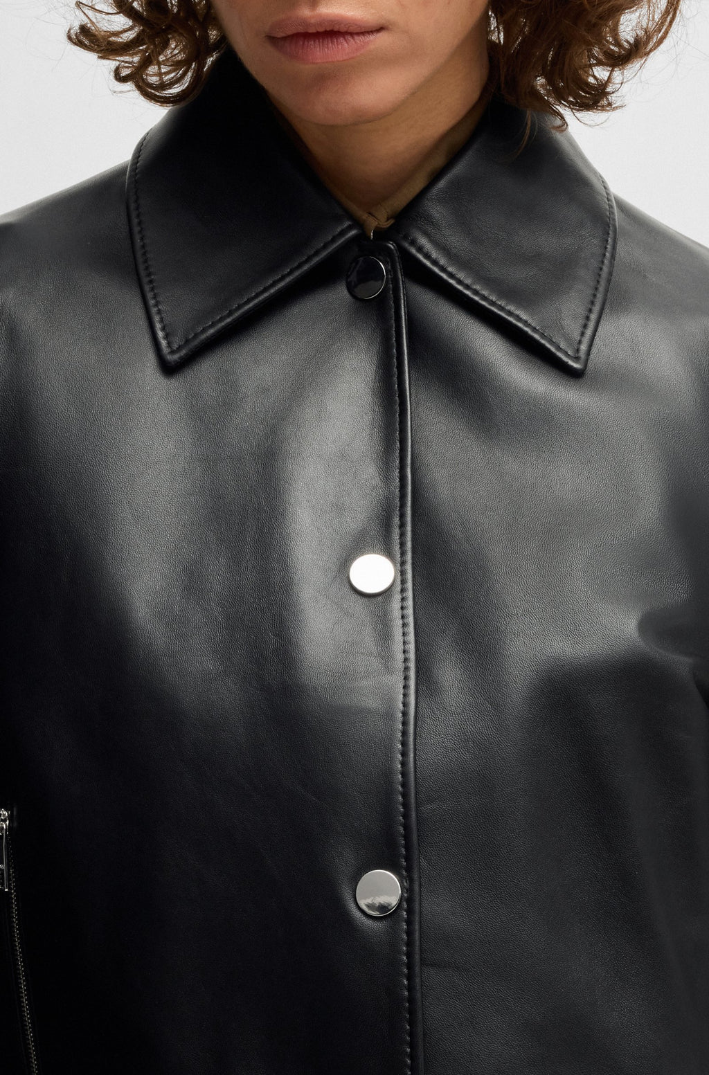 Women's Black Covered Press Studs Kent Collar Leather Jacket