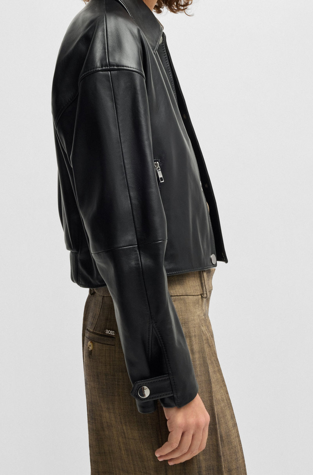 Women's Black Covered Press Studs Kent Collar Leather Jacket