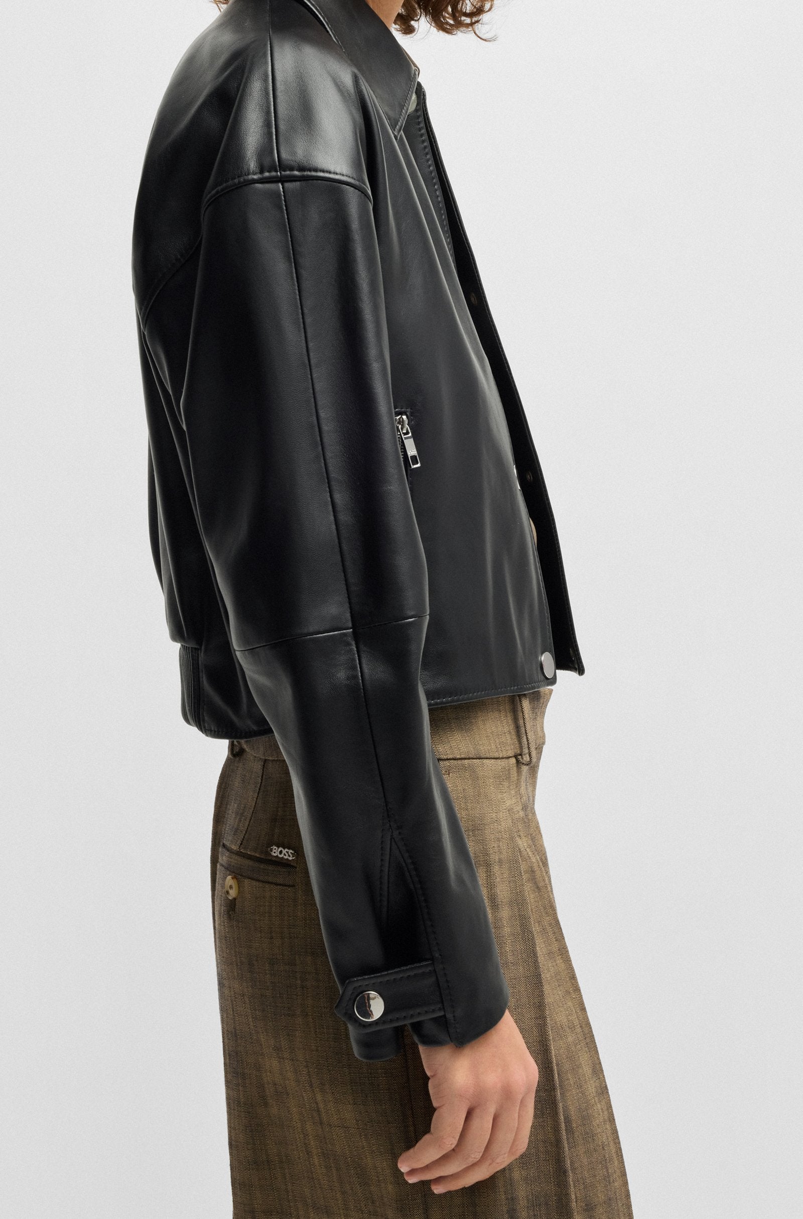 Women's Black Covered Press Studs Kent Collar Leather Jacket