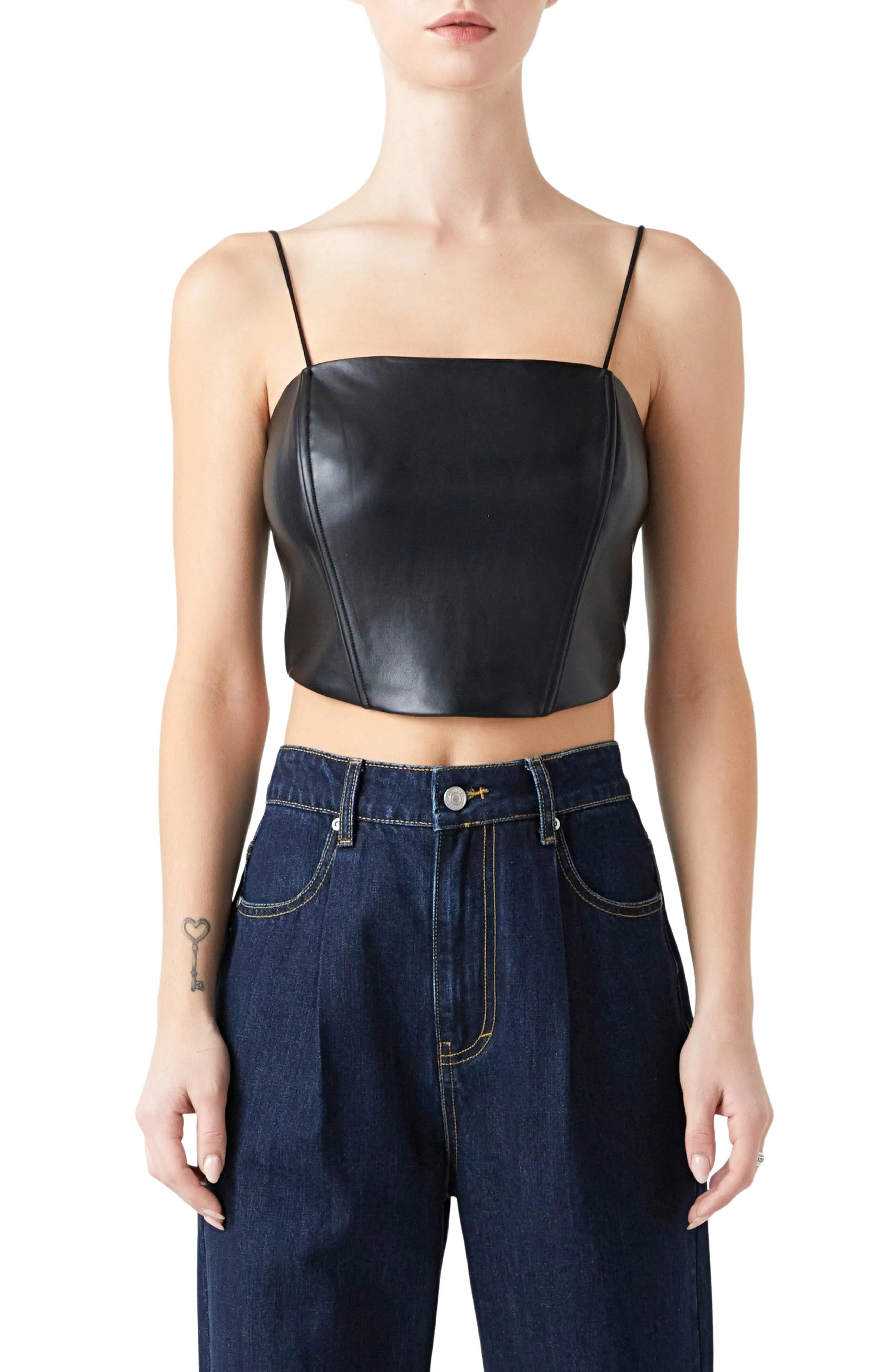 Women's Black Crop Leather Top